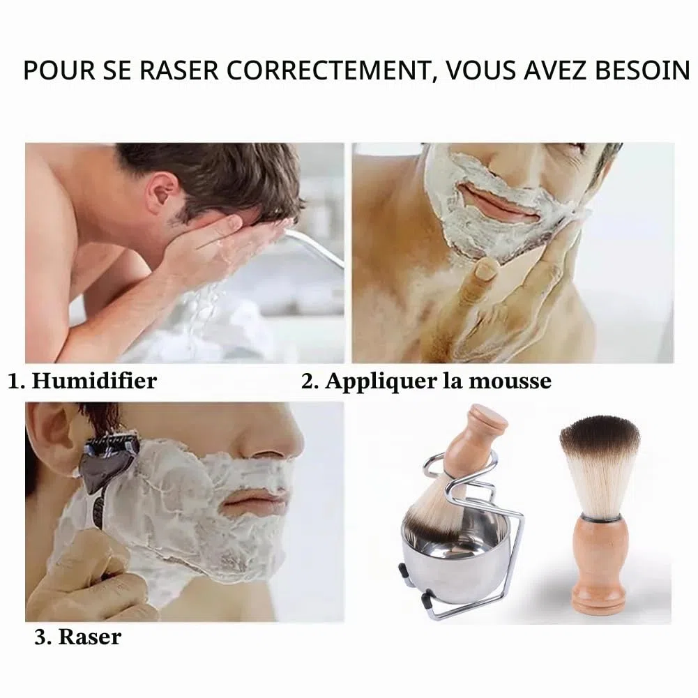 Blaireau de rasage, set de rasage 3 en 1 pour homme, blaireau à barbe, bol de rasage, support de rasage et coffret cadeau pour homme en acier inoxydable