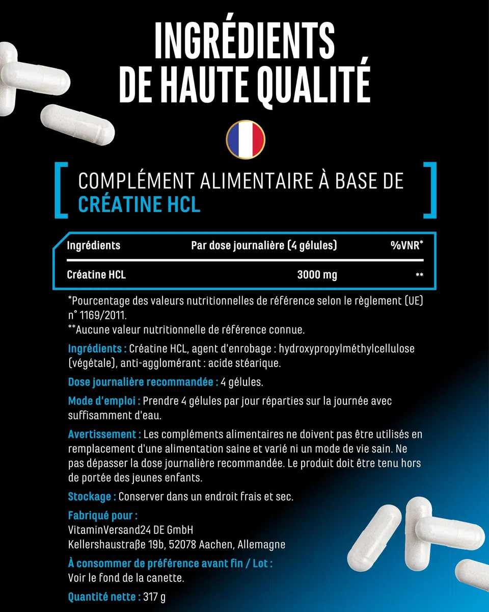Créatine HCL – 365 Gélules – Hautement Dosé avec 3000 mg de Chlorhydrate de Créatine par Dose Quotidienne – Absorption Maximale & Biodisponibilité – 100% Végane
