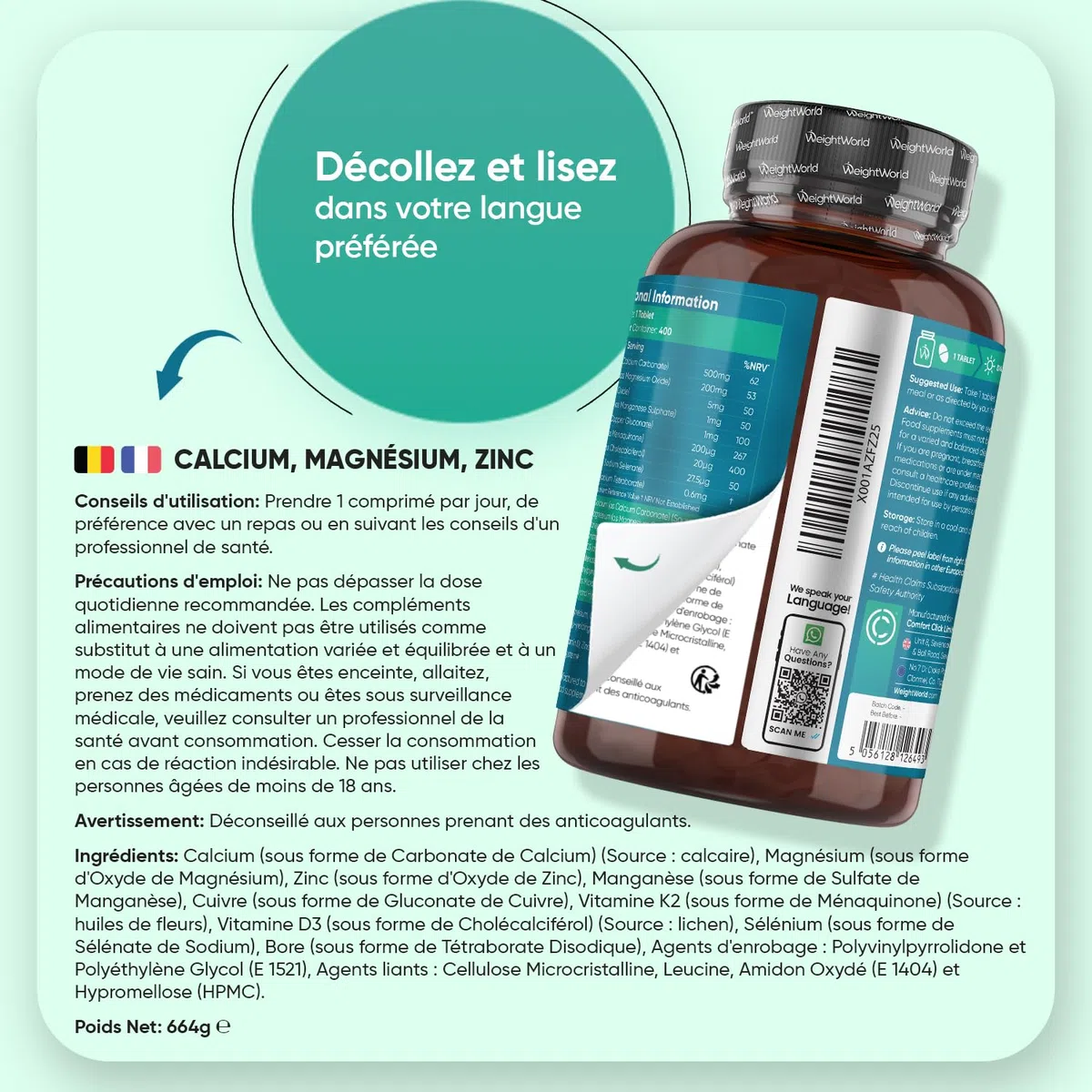 Calcium Magnésium Zinc Vitamine D3 K2 MK7, 400 Comprimés Vegan (+ 1 An)