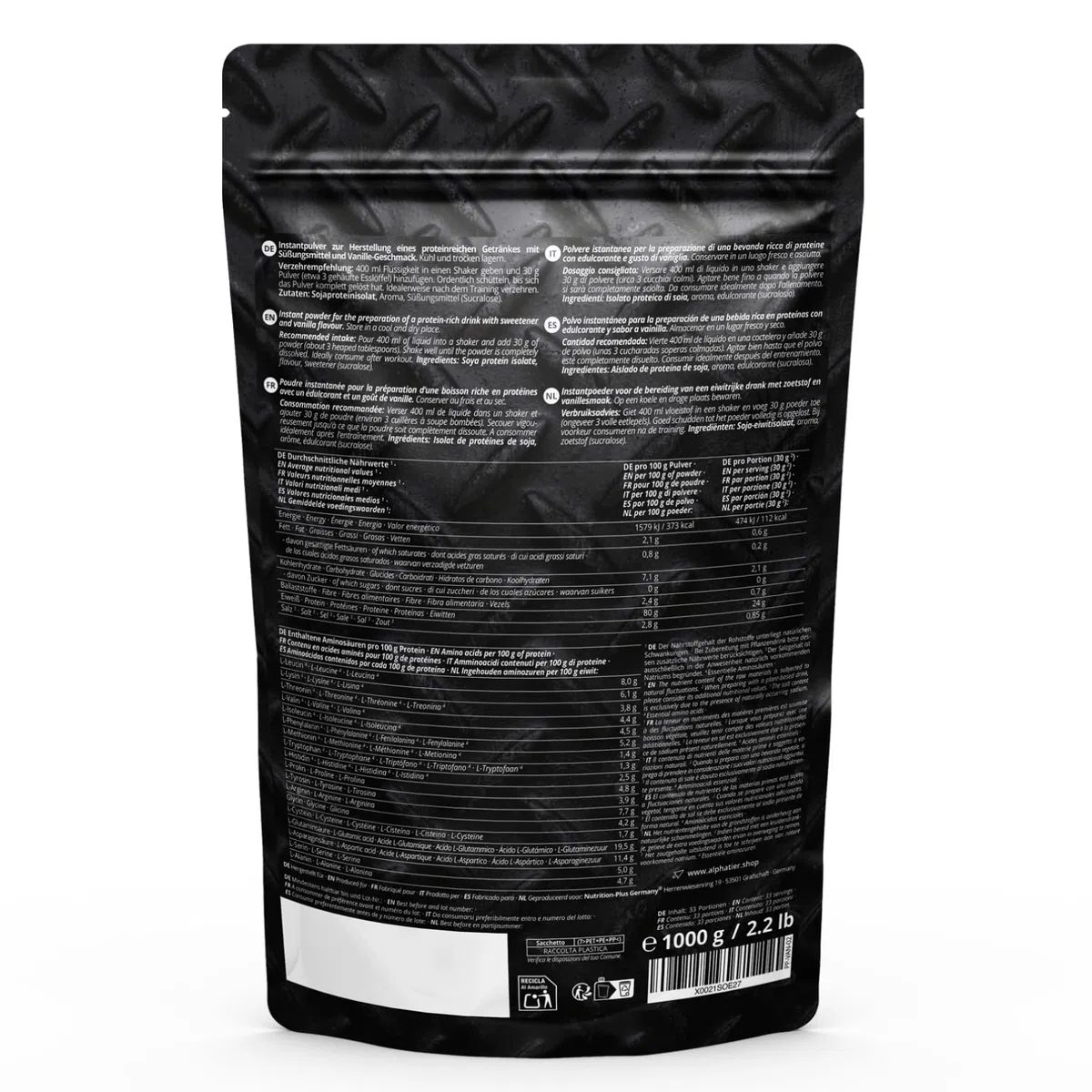 Alphatier Poudre de protéines végétaliennes - Vanille - Poudre de Protéine avec 80% de Protéines - Vanilla Protein Powder - Isolat de protéines de Soja - 1 kg