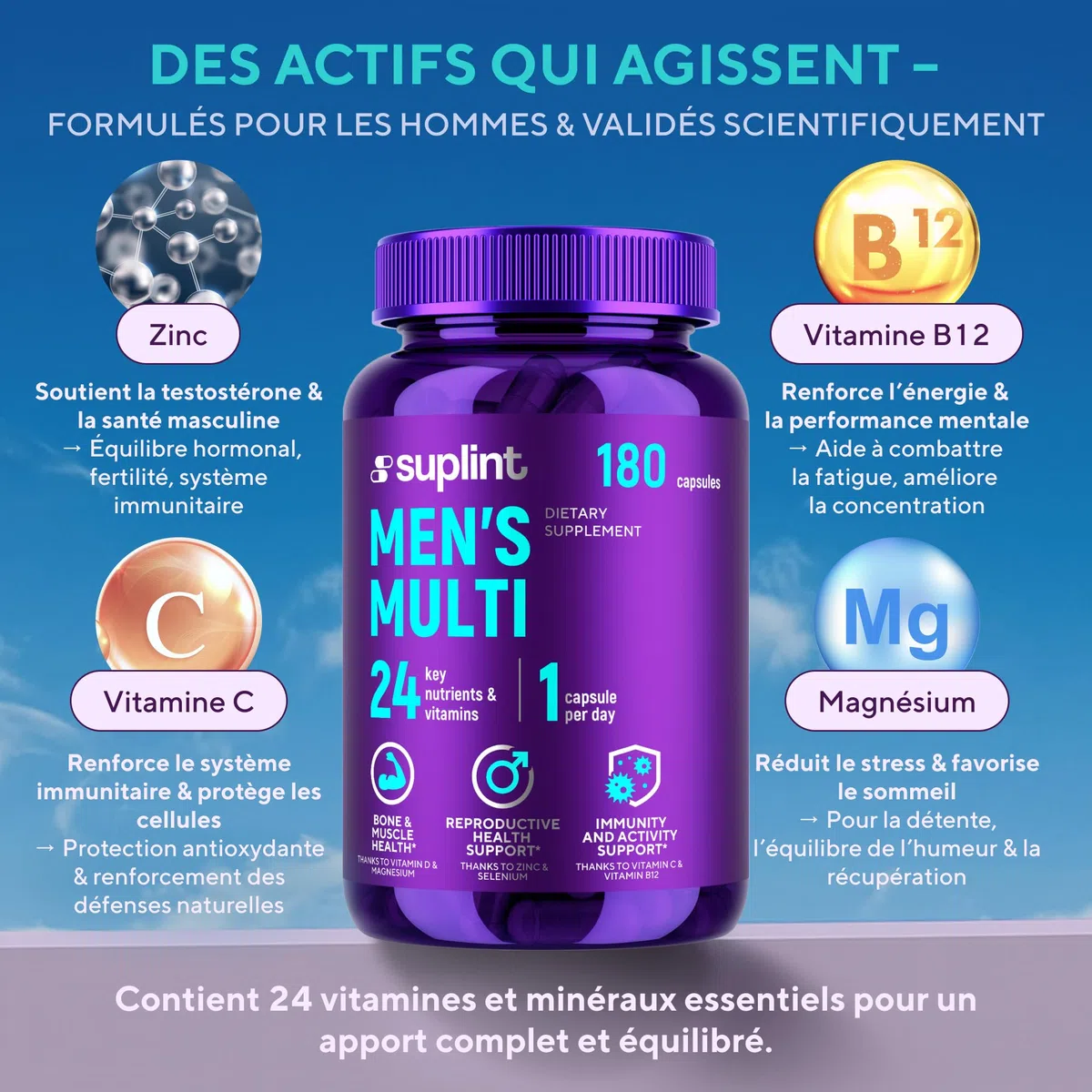 Multivitamines Homme Haute Puissance - Complexe A-Z Vitamines, Minéraux et Compléments - 180 Gélules pour 180 Jours - Énergie, Immunité & Santé - Complément Alimentaire All-in-One