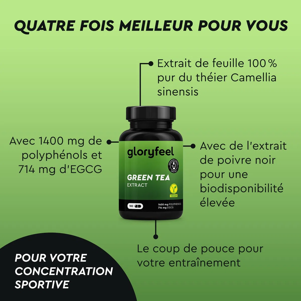 Extrait de Thé Vert Hautement Dosé, 180 capsules (2 Mois), 98% Polyphénols + 50% EGCG (714mg) + 80% Catéchines, Enrichi avec Caféine et Poivre Noir, Testé en Laboratoire, Vegan et Sans Additifs