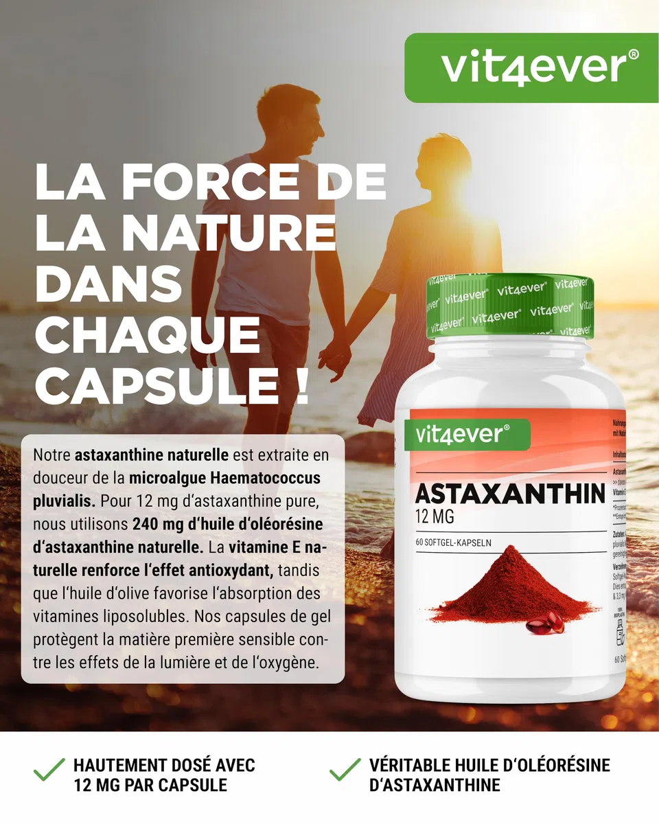 Astaxanthine 12 mg Depot - 60 Capsules Softgel - A Partir de Microalgues Haematococcus Pluvialis Pures - Biodisponibilité Optimisée avec de la Vitamine E et de l'Huile d'Olive