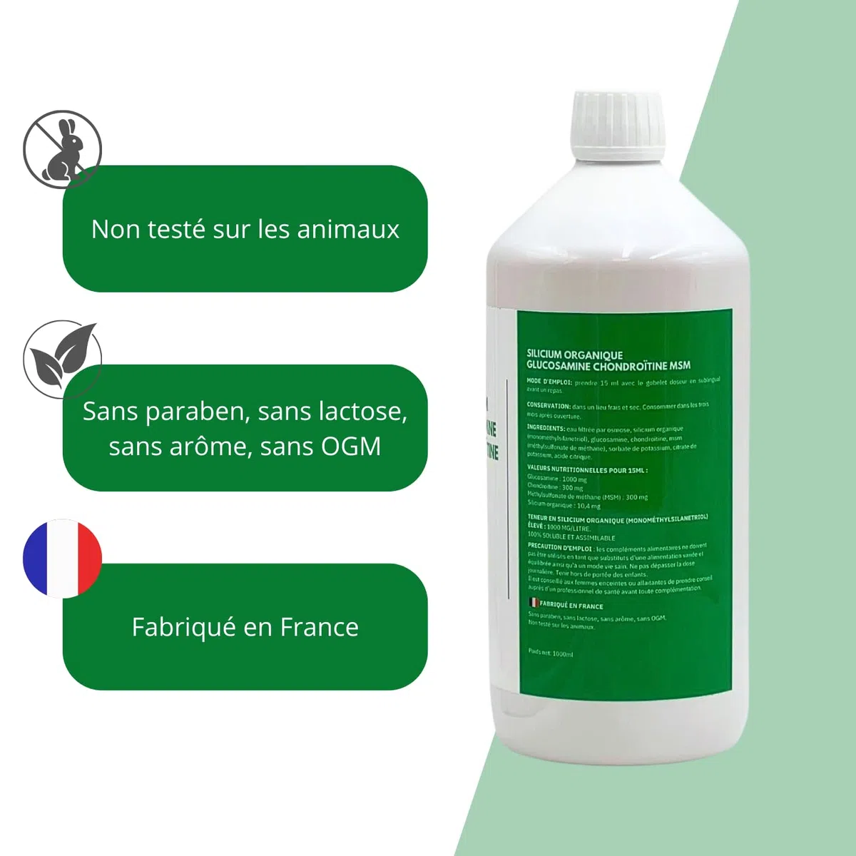 Silicium Glucosamine Chondroïtine MSM - 1000 ml - Sans paraben, sans lactose, sans arôme, sans OGM.