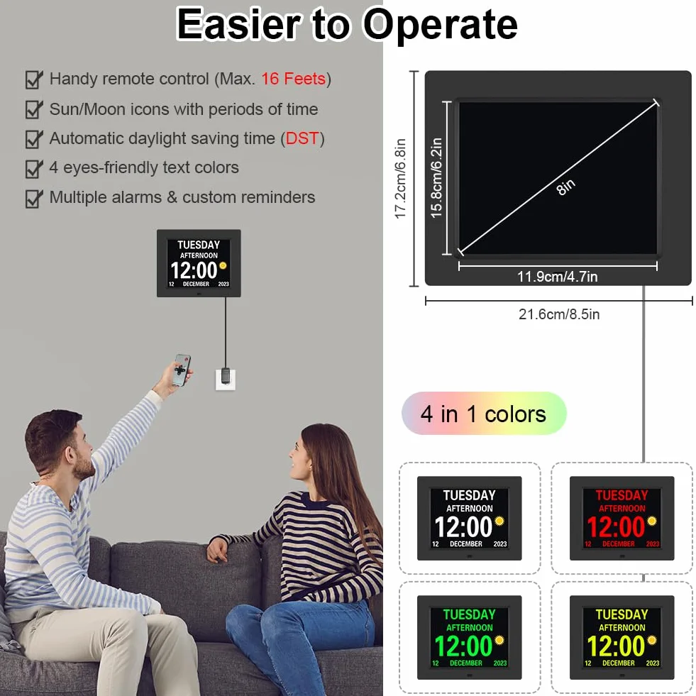 8 Pouces LCD Horloge Numérique Calendrier Multilingue Télécommandée Dimmable avec Date, Jour et Heure Cadre Photo Numérique pour Personnes avec Maladie d'Alzheimer