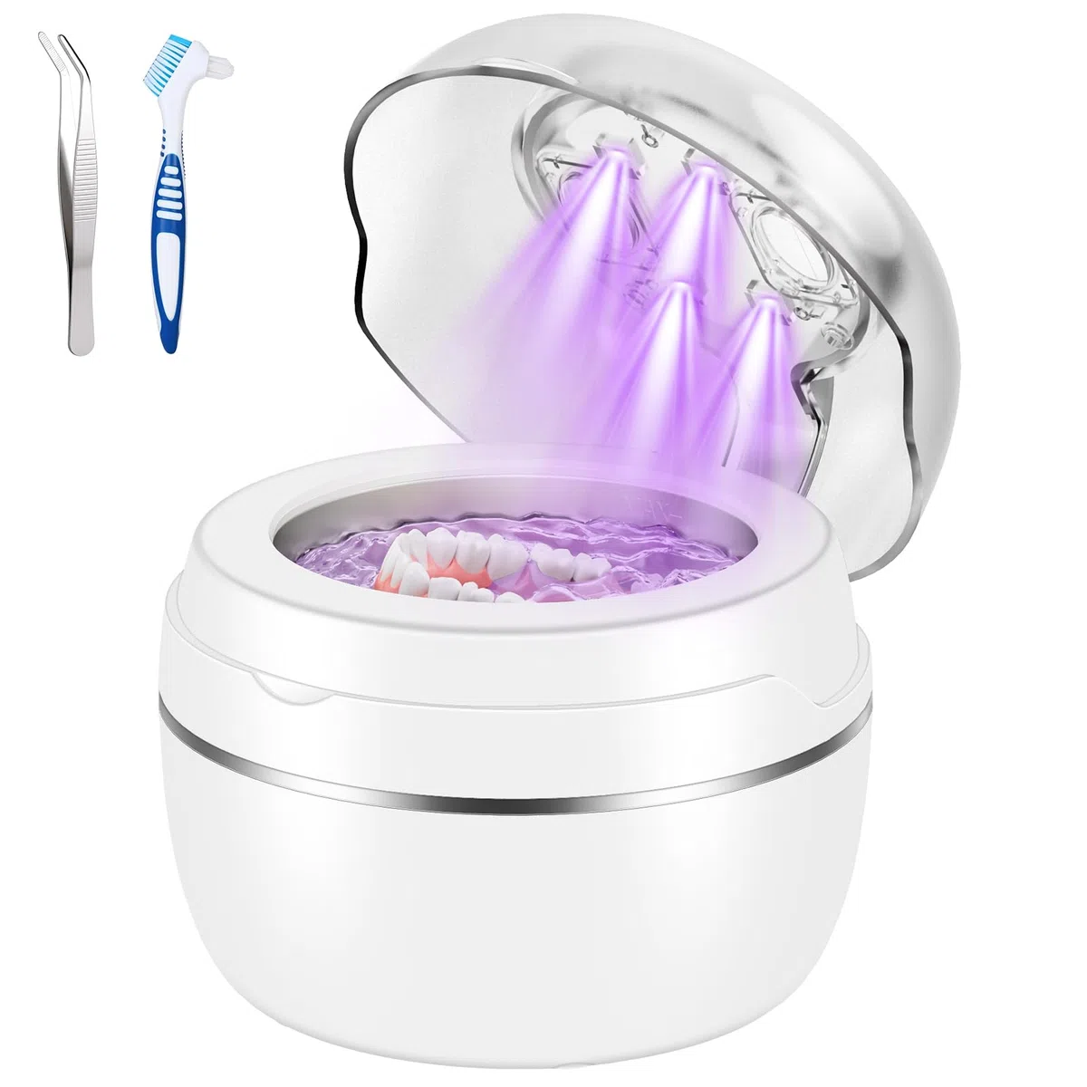 Nettoyeur Ultrasons 50000Hz Bac Ultrasons avec Lampe UV et 4 Modes, 250ML Ultrasonic Retainer Cleaner Dental Pod Dentaire pour Prothèses Dentaires, Gouttière Dentaires, Retainer, Bijoux, Blanc