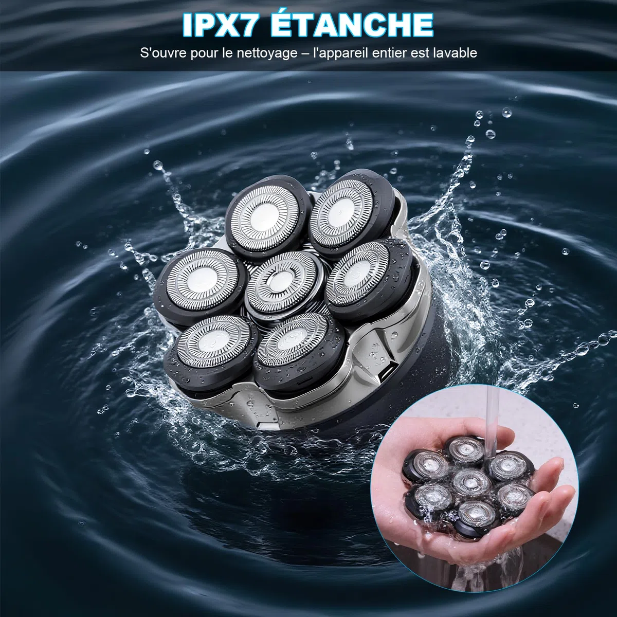 Carehabi Rasoir de Tête Chauve electriques pour Homme, IPX6 Étanche, Rechargeable, Interface Type-C, Tête Flottante Magnétique 7D, Nettoyage Facile, Autonomie de la Batterie Jusqu'à 120 Minutes