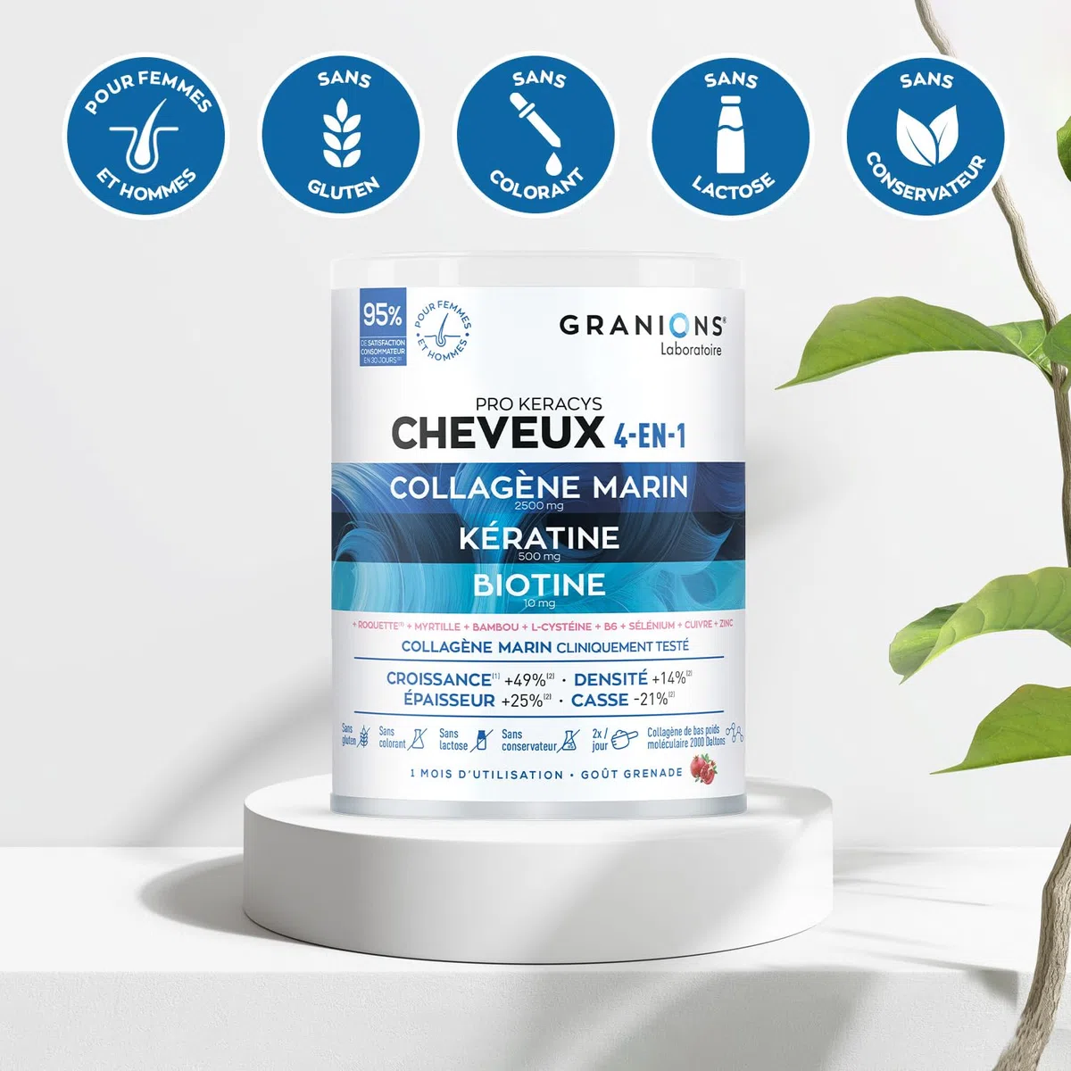 Granions Pro Keracys Cheveux 4en1 300 g | Complement Alimentaire Cheveux - Collagene Marin, Biotine, Selenium, Keratine, Zinc, Vitamine B6 - Grenade - 300g