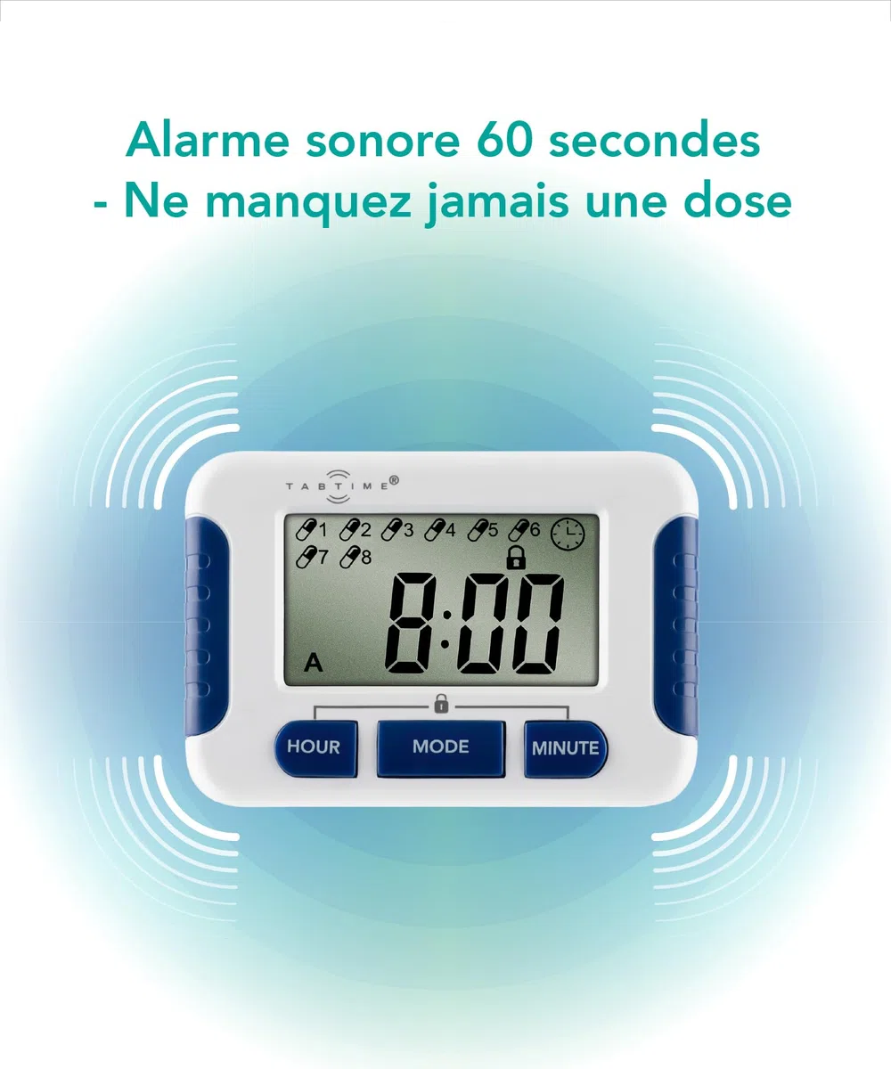 TabTime Timer (mode d'emploi en Français), Multi-alarmes de rappel à medicaments, jusqu'à 8 alarmes journalières, outil indispensable pour les personnes atteintes de Parkinson