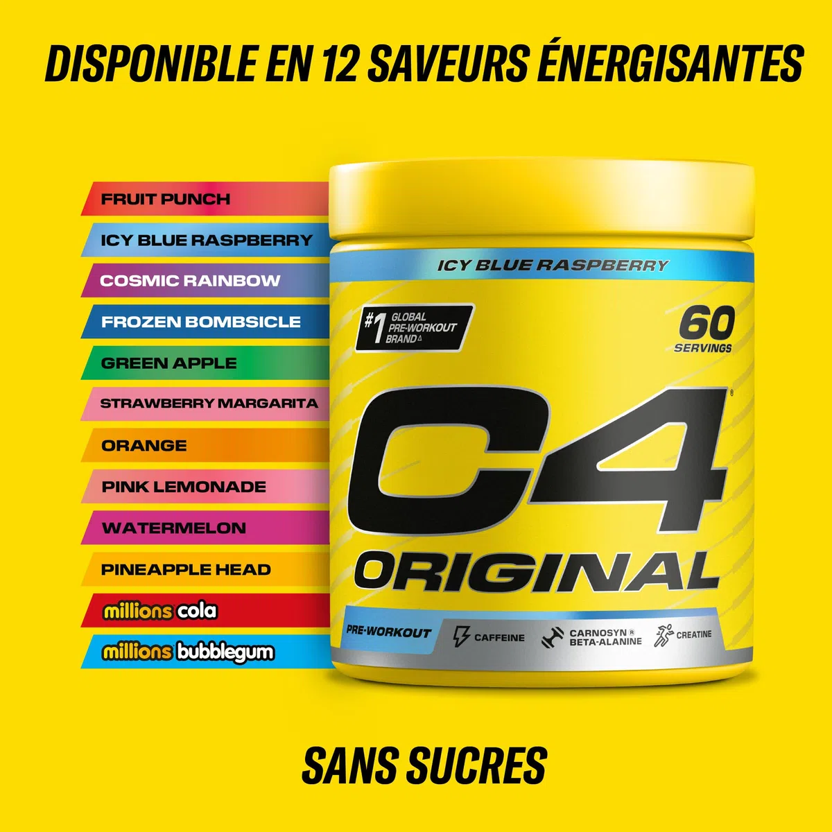 Cellucor C4 Original Pre Workout Powder, Bubblegum, 60 portions | Boisson énergétique en poudre sans sucre avec 150mg de caféine, 1500mg de créatine monohydrate, 1600mg de bêta-alanine.