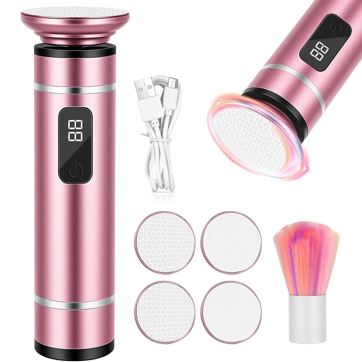 Ponceuse pour pied - Râpe électrique sans fil avec 4 embouts en verre nano - Vitesse réglable - Rape pieds pour talons fissurés, cors et callosités (Rose)