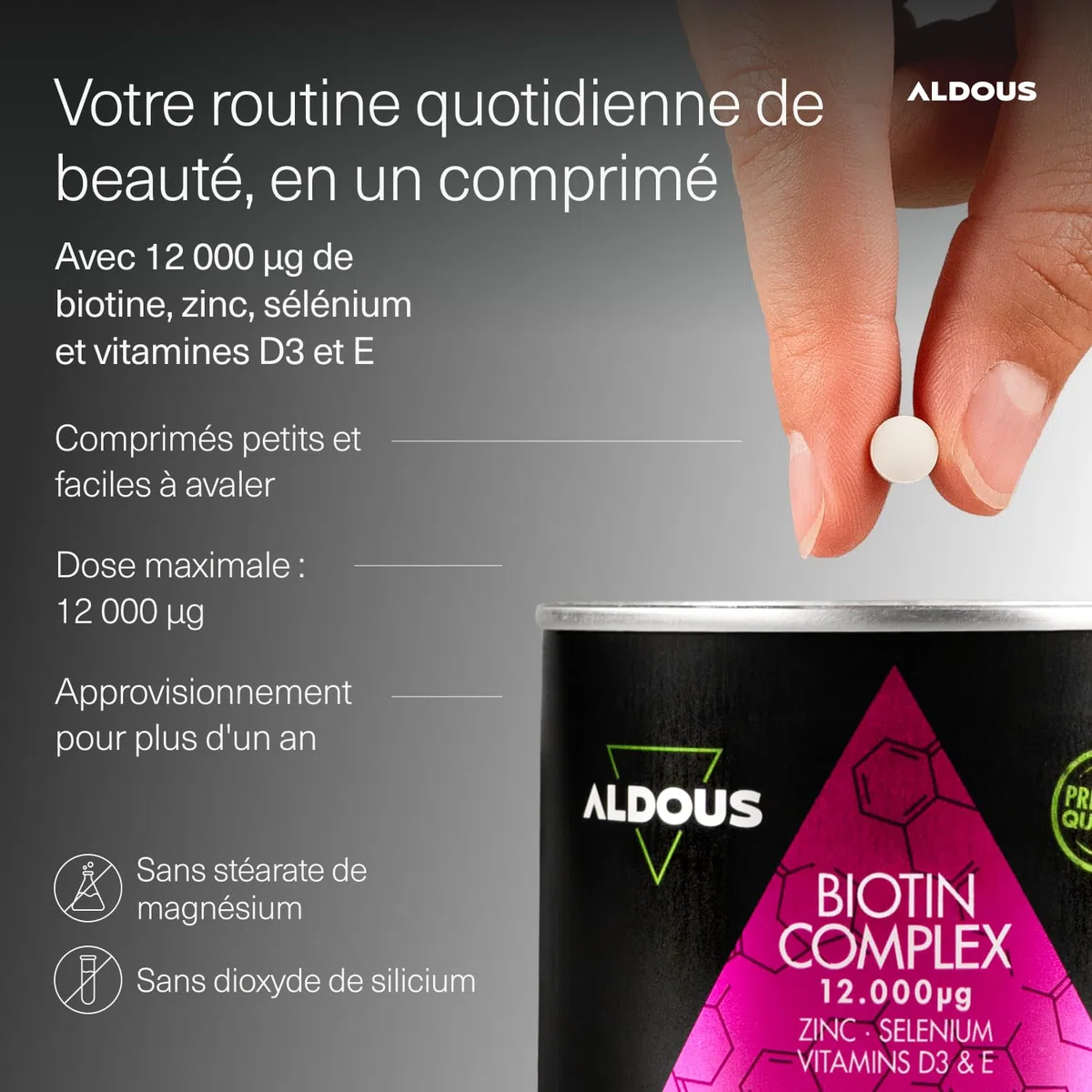Biotine 12 000 mcg - 400 Comprimés - Zinc, Sélénium, Vitamine D3 et Vitamine E - Biotine Cheveux, Peau et Ongles - Biotine Cheveux Pousse Rapide - Complément Alimentaire Pousse Cheveux - ALDOUS