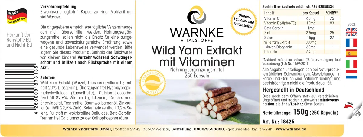 Igname Sauvage - Extrait - 250 gélules- Végétarien - 20% de diosgénine, vitamine C et E bêta-carotine, zinc et sélénium | Warnke Vitalstoffe - Qualité des pharmacies allemandes