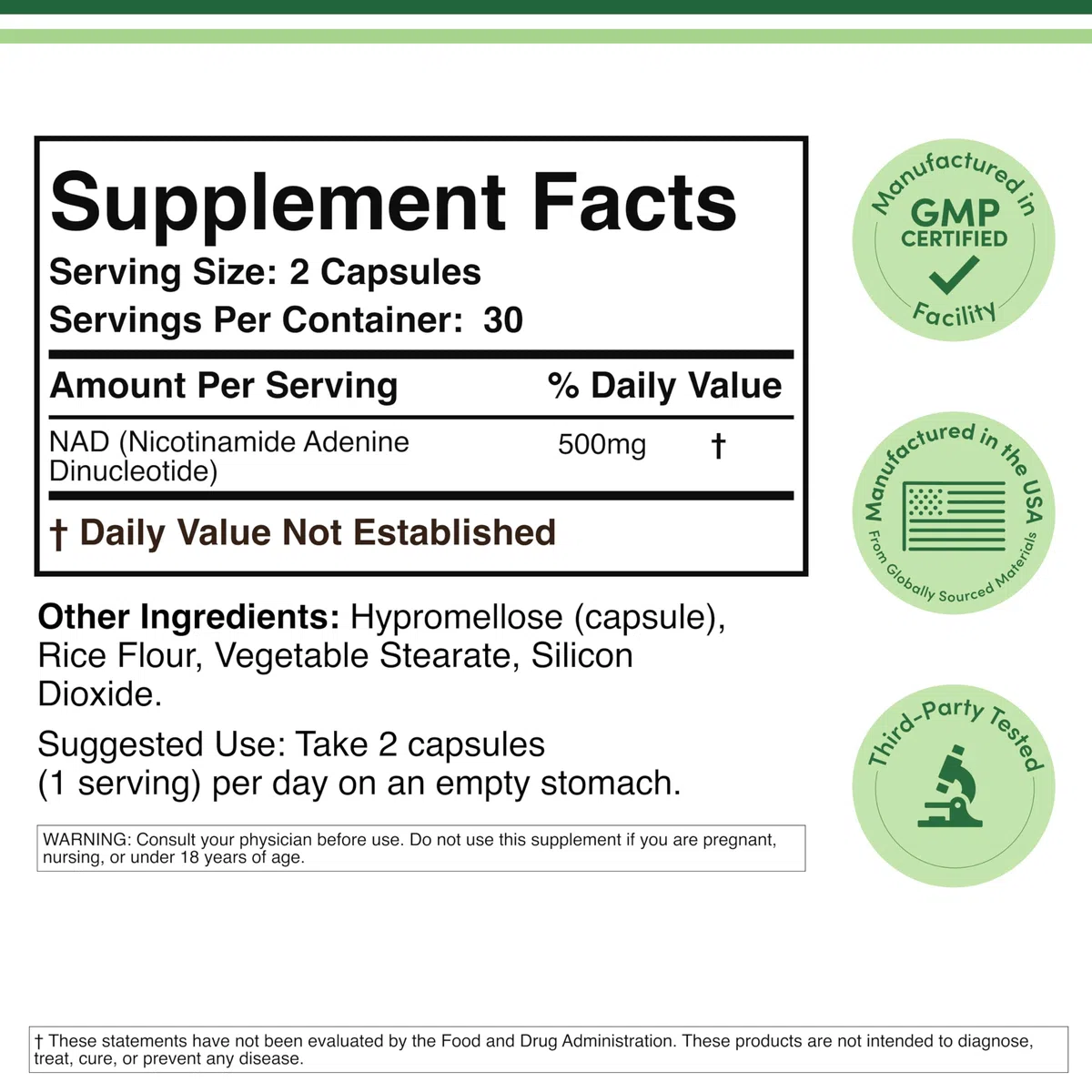 NAD Supplement (500mg of 95% Pure NAD+ Per Serving, 30 Day Supply) NAD Booster Similar to Nicotinamide Riboside (Third Party Tested, Manufactured in The USA, Vegan Safe, Non-GMO) by Double Wood