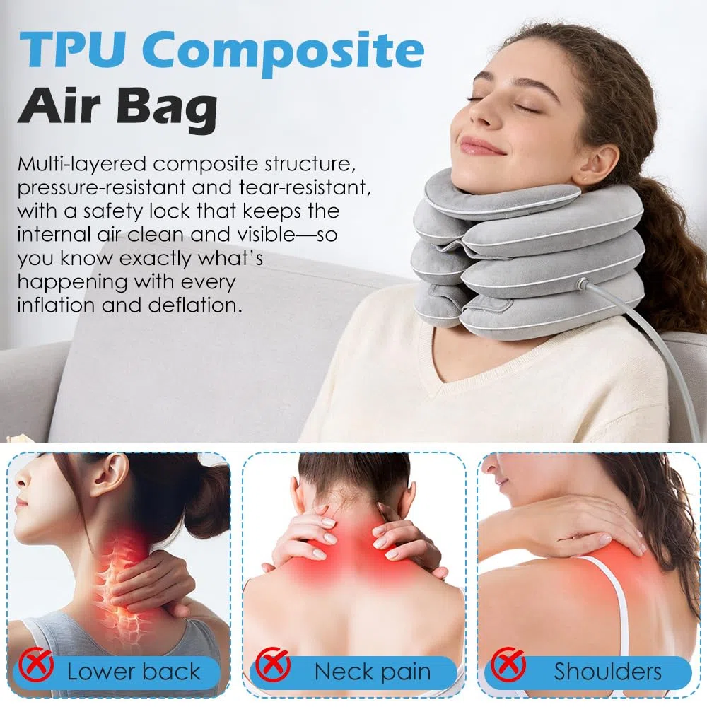 Étireur cervical gonflable, Soutien du cou avec conception d'étirement à 3 niveaux et support mentonnier, Oreiller cervical gonflable, Minerve pour le soulagement des douleurs chroniques (Gris clair)