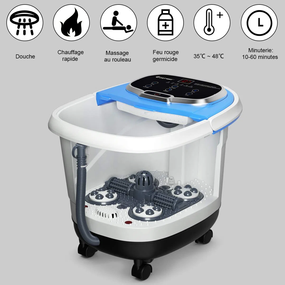 COSTWAY Bain de Pieds 15L avec Ecran LED, 6 Rouleaux de Massage, Masseur de Pieds avec Chaleur Automatique 35℃-48℃, Fonction de Douche et Lumière Rouge (Bleu)