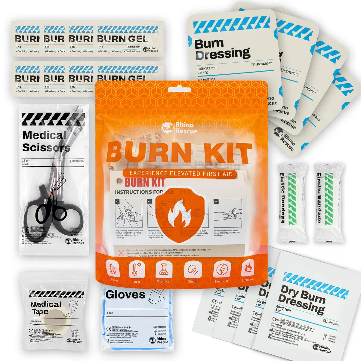 RHINO RESCUE Kit de Protection Contre les Brûlures | pour le Traitement des échaudures et des Coups de Soleil, pour la Maison, le Bureau, le Camping