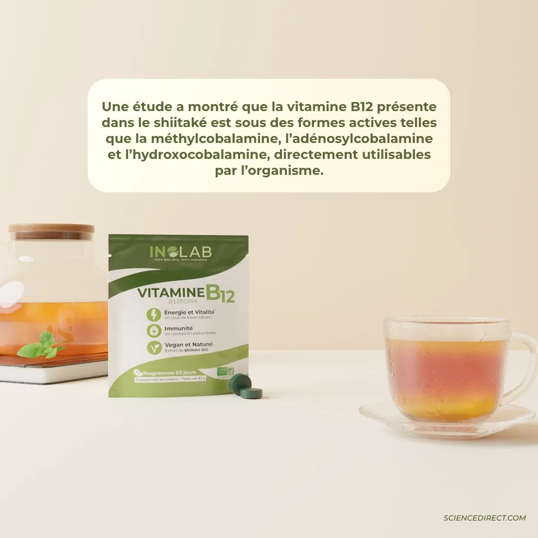 INOLAB VITAMINE B12 - Biologique, Vegan/Extrait de Shiitaké Bio/Methylcobalamine, Adénosylcobalamine & Hydroxocobalamine/B12FORM Haute biodisponibilité