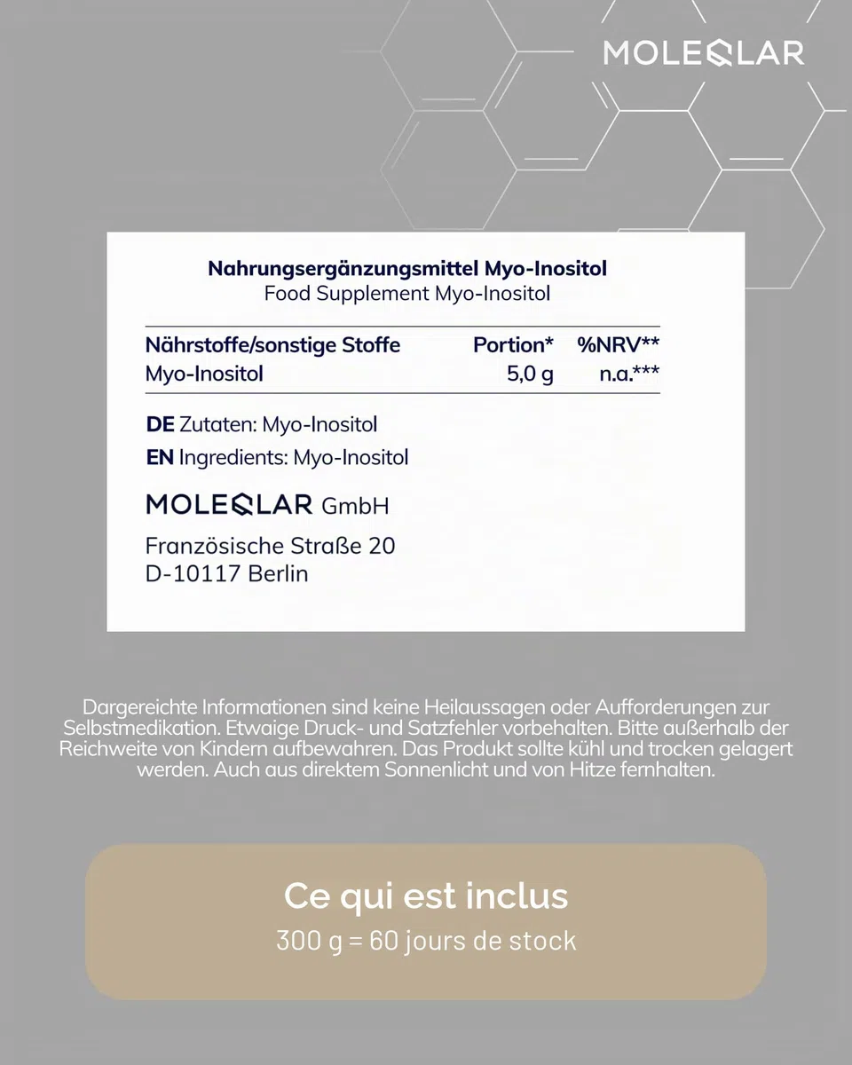 MoleQlar Myo-Inositol Poudre 300 g, Complément Alimentaire 5 g d'Inositol par Dose, Texture Fine Facile à Mélanger ou Mettre en Gélules, Usage Quotidien Pratique et Simple, 60 Capsules à Consommer