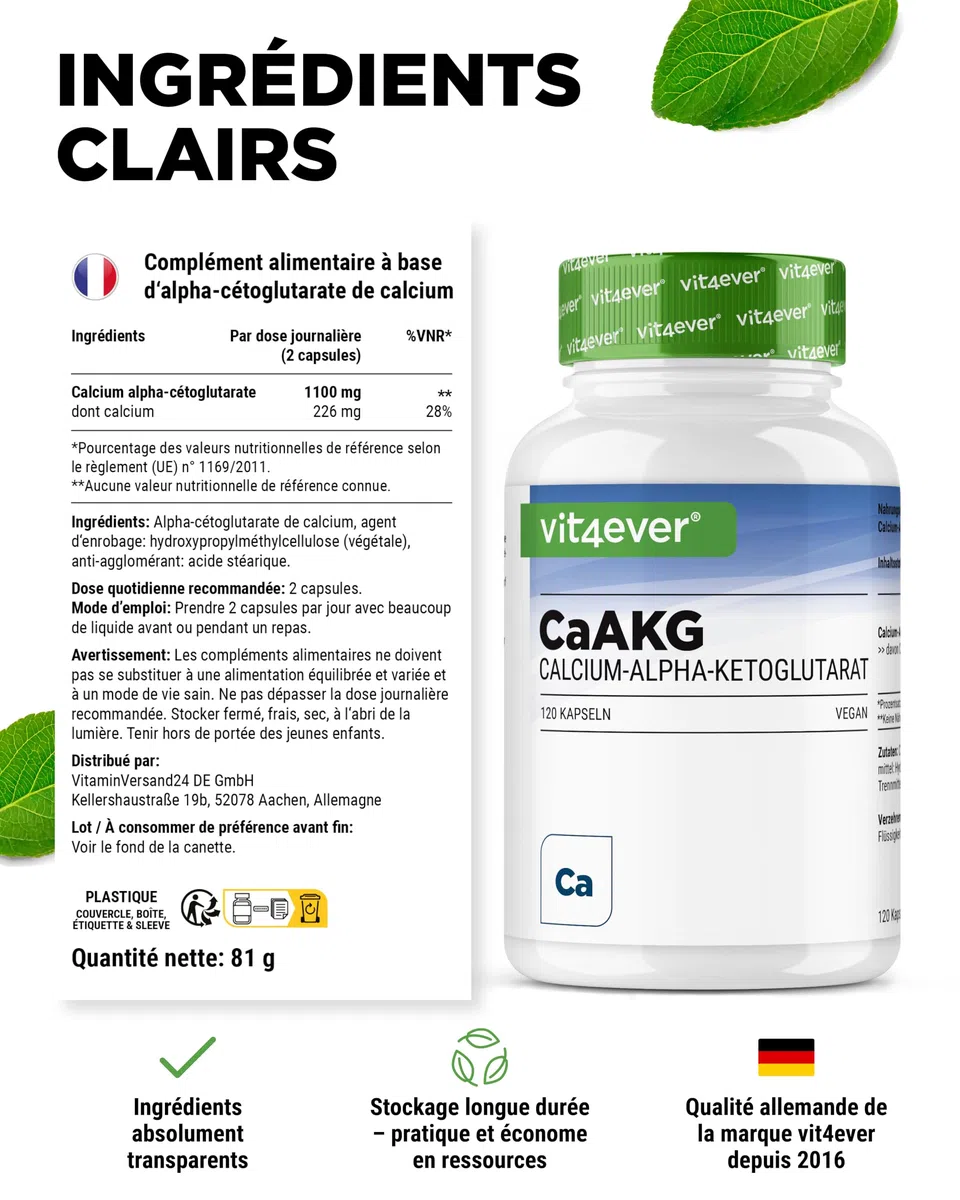 CaAKG - Calcium Alpha-Cétoglutarate - 120 Gélules - Hautement Dosé à 1100 mg par Dose Journalière - Calcium Pur & Alpha-Cétoglutarate Sans Additifs Inutiles, Vegan
