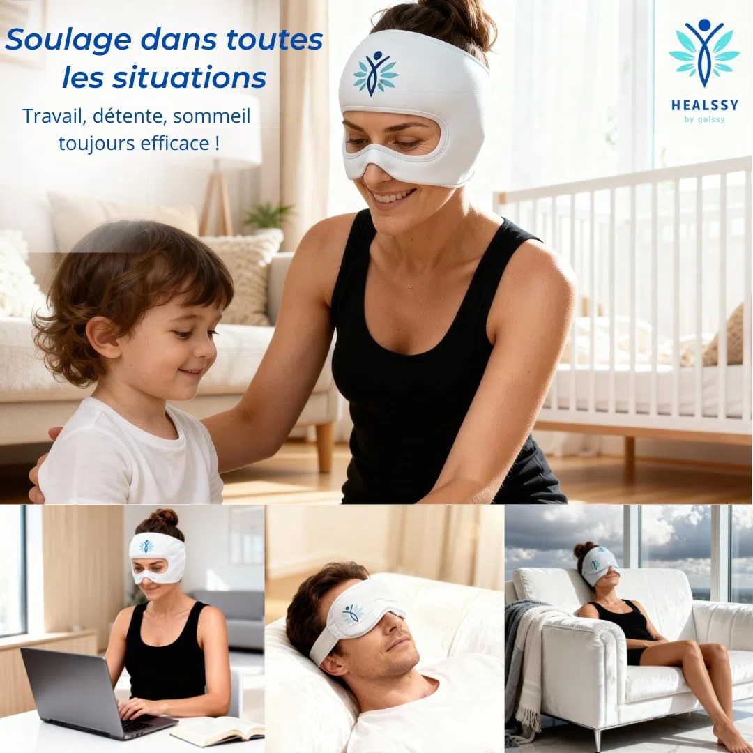 Masque Anti-Migraine Chaud/Froid Thérapeutique Premium 2-en-1 — MigraGel, Bonnet + Masque Détachable (Ouverture Yeux) • Soulage Migraines, Maux de Tête & Fatigue Oculaire