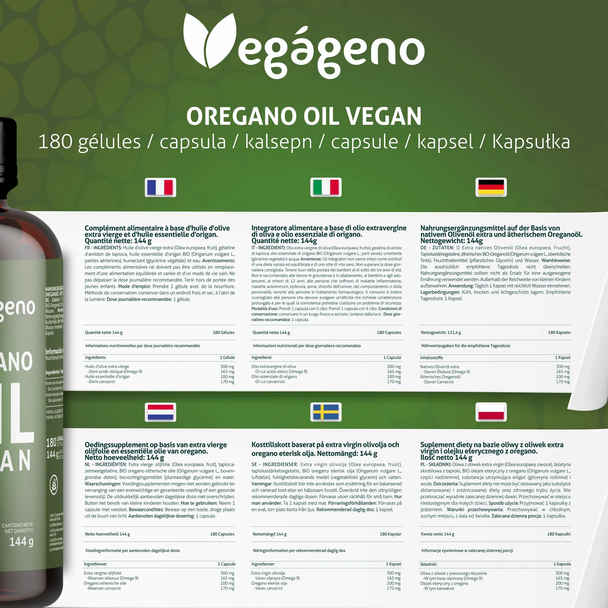 VEGAGENO - Huile Essentielle Origan | 180 Gélules Végétales, Complément Alimentaire à L'huile D'olive Extra Vierge et à L'huile Essentielle D'origan avec Oméga 9 et Carvacrol | Oregano Oil