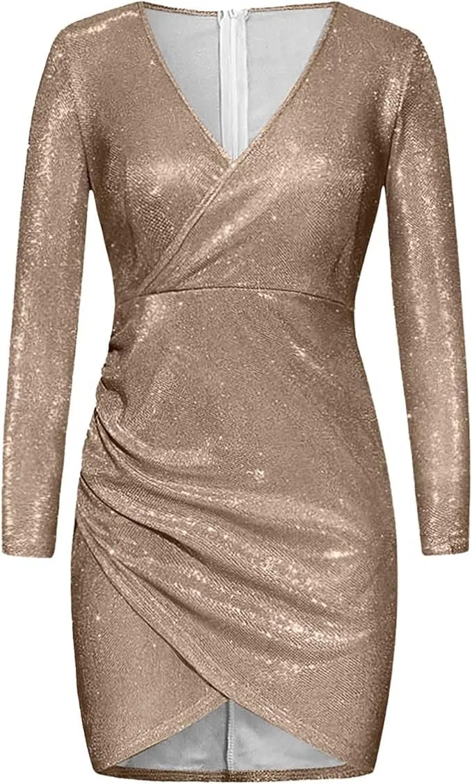 Robe à Paillettes Longueur Genou, Robe Courte à Paillettes à Manches Longues, col en V, Sexy, de fête, de Cocktail