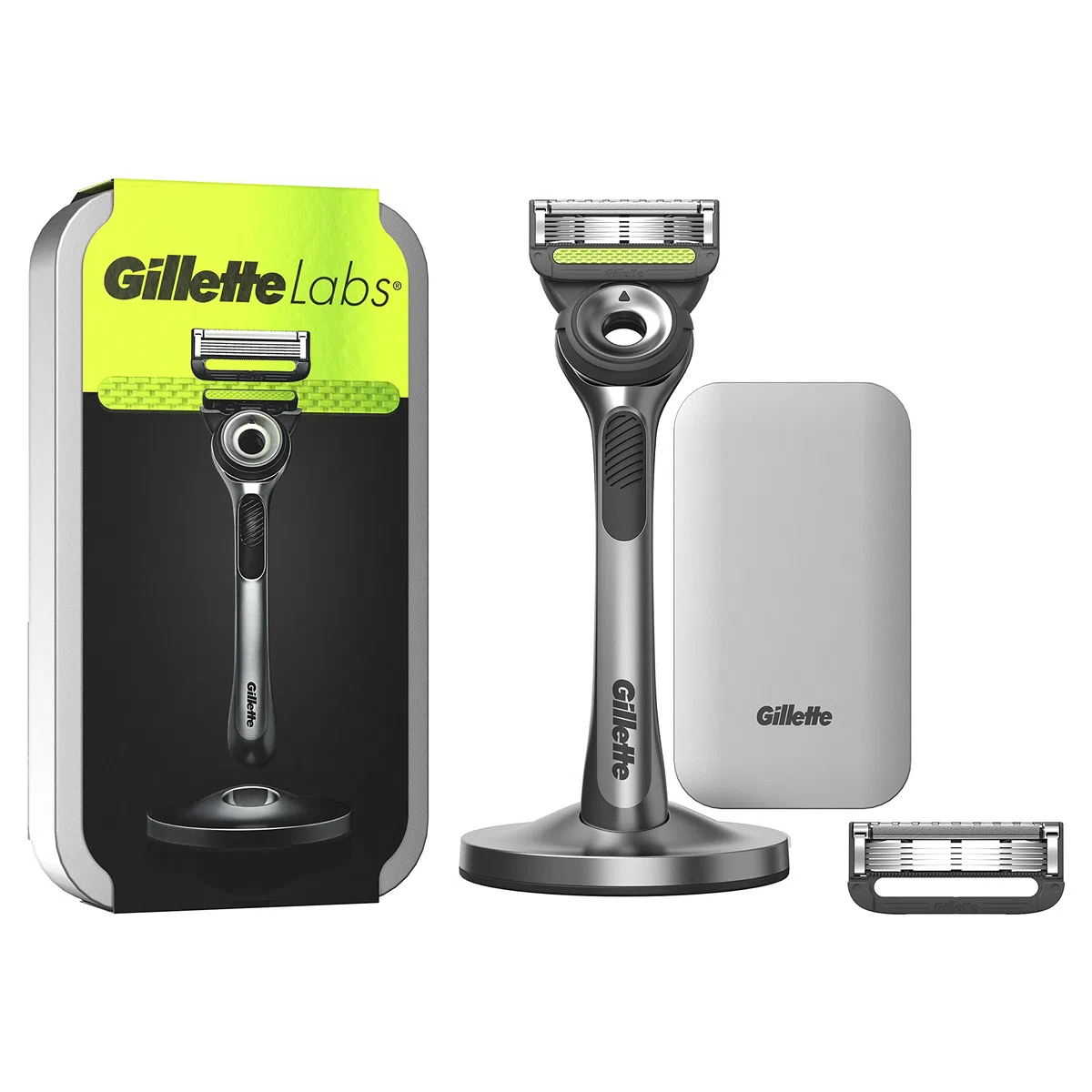 GilletteLabs Avec Barre Exfoliante, Rasoir Pour Homme De Gillette, 1 Manche, - 2 Recharges De Lames, Trousse De Voyage Pour Ranger Vos Produits + Support, Idée Coffret Cadeau Homme