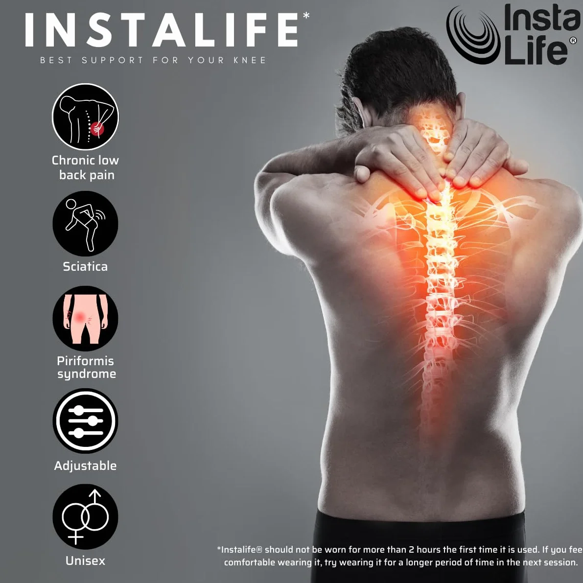 INSTA LIFE INSTALIFE Lot de 2 genouillères pour soulager les douleurs articulaires, soulage les douleurs dorsales avec digitopression, ergonomique, douleurs lombalgiques, sciatiques, douleurs aux