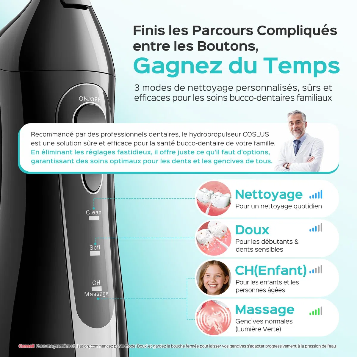 COSLUS C20 Jet Dentaire Hydropulseur Portable 300 ML Sans Fil Irrigateur Dentaire Hydropulseur Dentaire Double Débit d'eau Water Oral Flosser Étanche IPX7 Pour La Maison et Les Voyages Noir