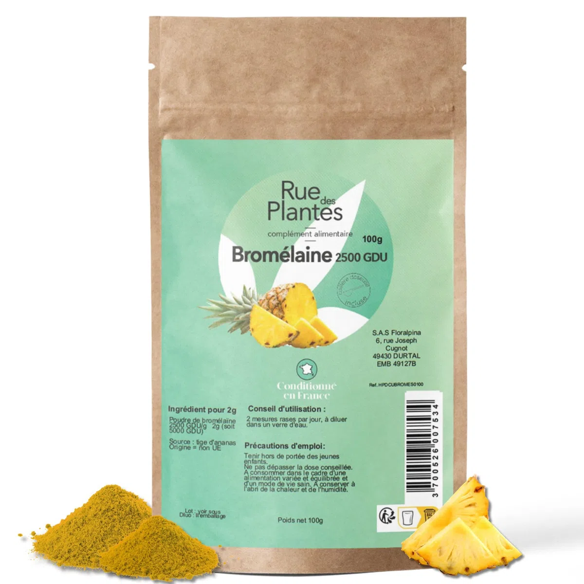 RUE DES PLANTES - Bromélaïne Poudre 100g | Enzyme Naturelle de Cœur d'Ananas | Digestion et Bien-être - Complément Alimentaire Vegan | Made in France