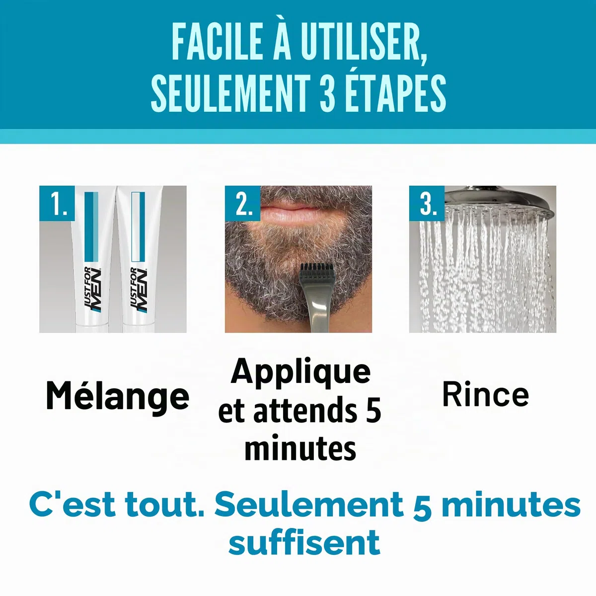 Just For Men Barbe & Moustache, Teinture pour barbe homme, sans ammoniaque, élimine les poils gris, avec peigne applicateur, couleur marron foncé, M45 (3 Pack)