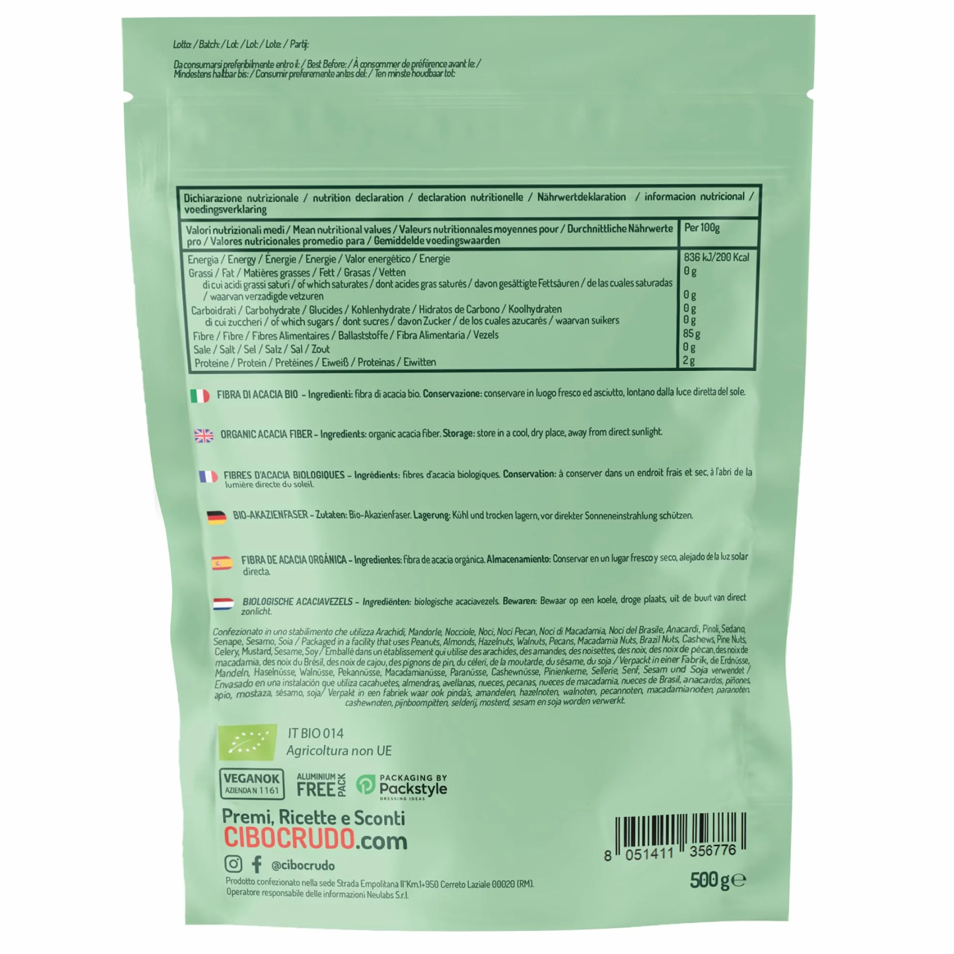 CiboCrudo Gomme Arabique Bio - 500g. Fibre Alimentaire d'Acacia Riche en Fibres (85%) et Sans Sucres. Fibre Soluble Végétaliennes Excellentes pour es Régimes Cétogènes et la Digestion.