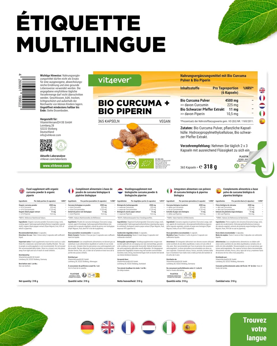 vit4ever Curcuma Bio au Poivre Noir - 365 capsules - 4511 mg de Curcuma Bio (Curcuma) par Dose Journalière - avec Curcumine & Pipérine - Qualité 100% Bio - Fortement Dosé - Végétalien