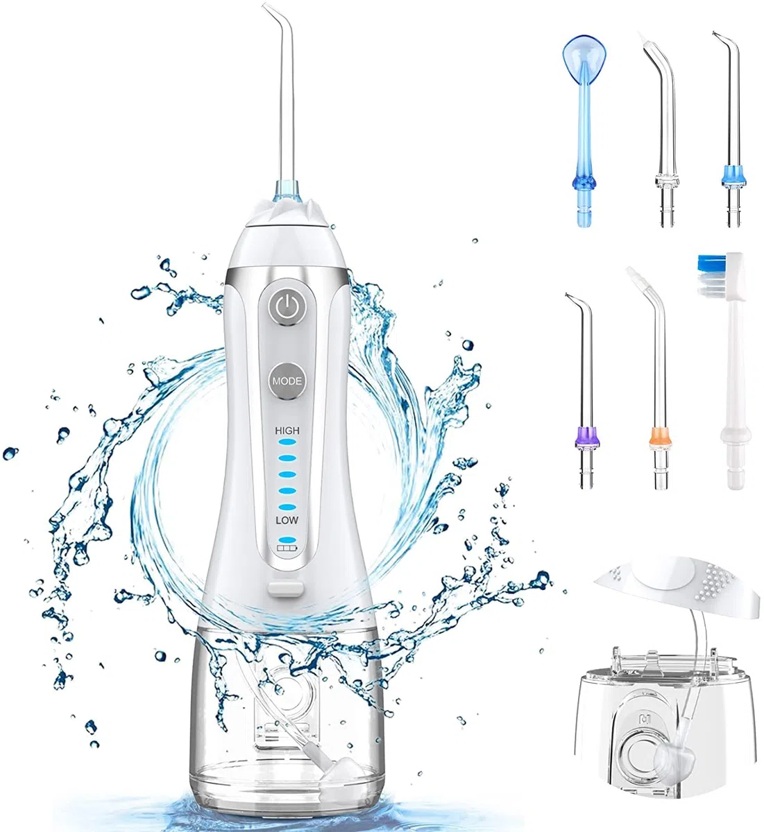 Hydropulseur Jet Dentaire Électrique, 300ml Irrigateur Oral Portable Sans Fil, Charge USB, 6 Buses, 5 Modes d’Impulsion, Boule de Gravité Incluse, IPX7 Étanche, Sac de Voyage Offert