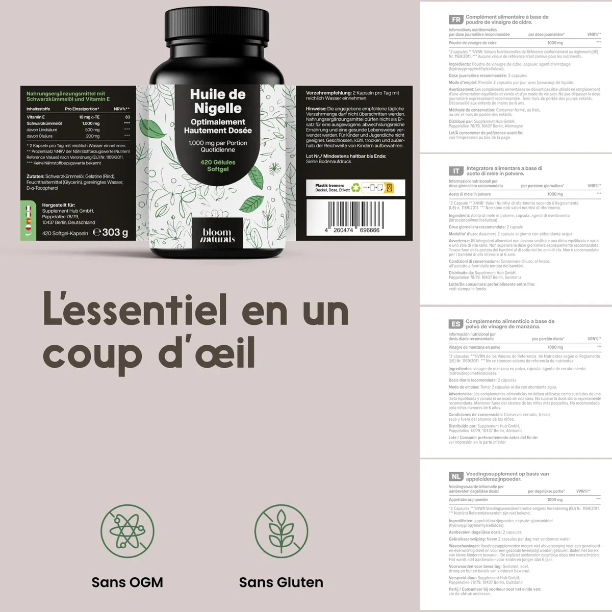 Huile de Nigelle Gelules – Capsules d’Huile de Cumin Noir – 420 Gélules Softgel 1 000 mg avec Vitamine E – Fabriqué en Allemagne