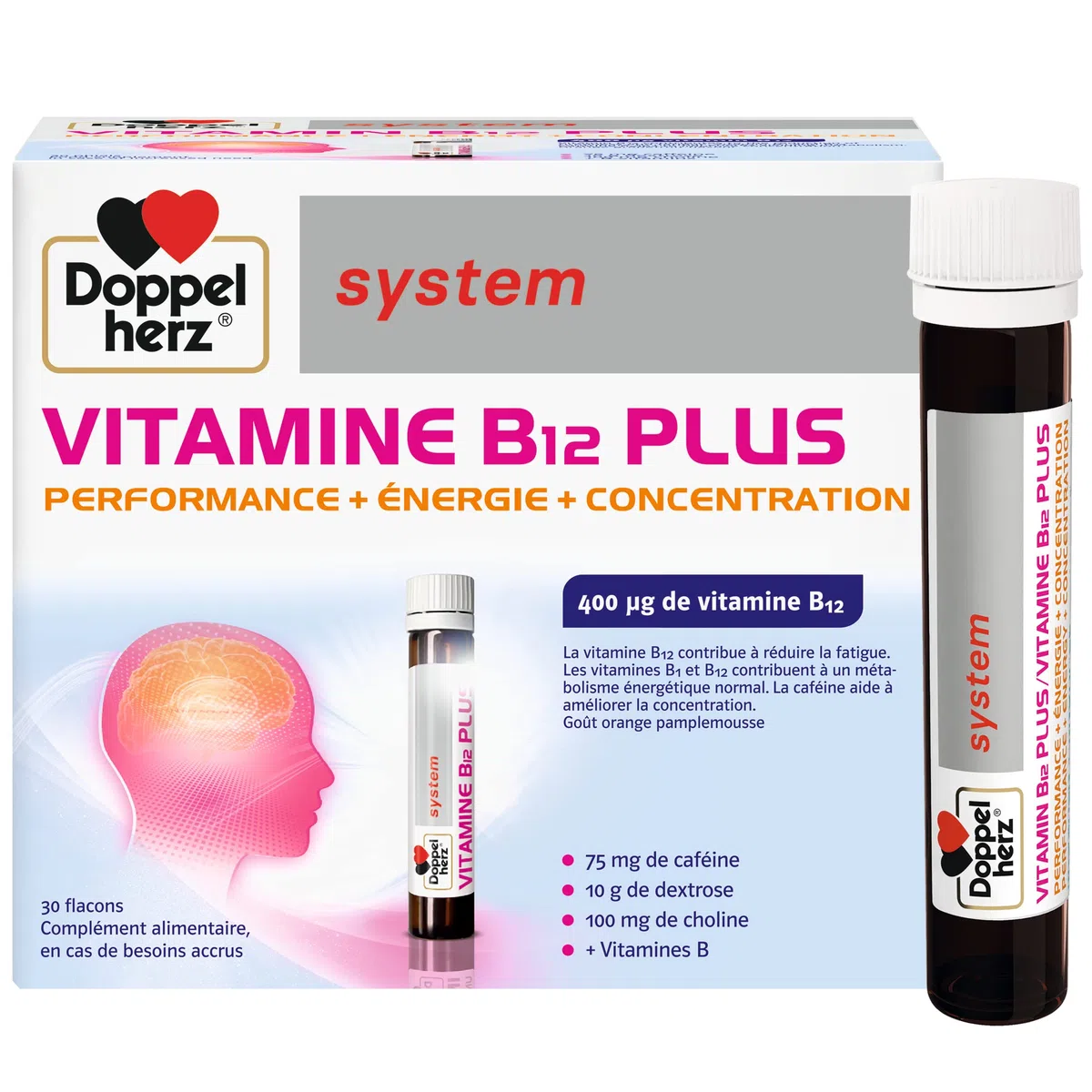Doppelherz system VITAMINE B12 PLUS, Complément alimentaire, Performance, Énergie et Concentration, Goût Orange et Pamplemousse, 30 flacons de 25 ml