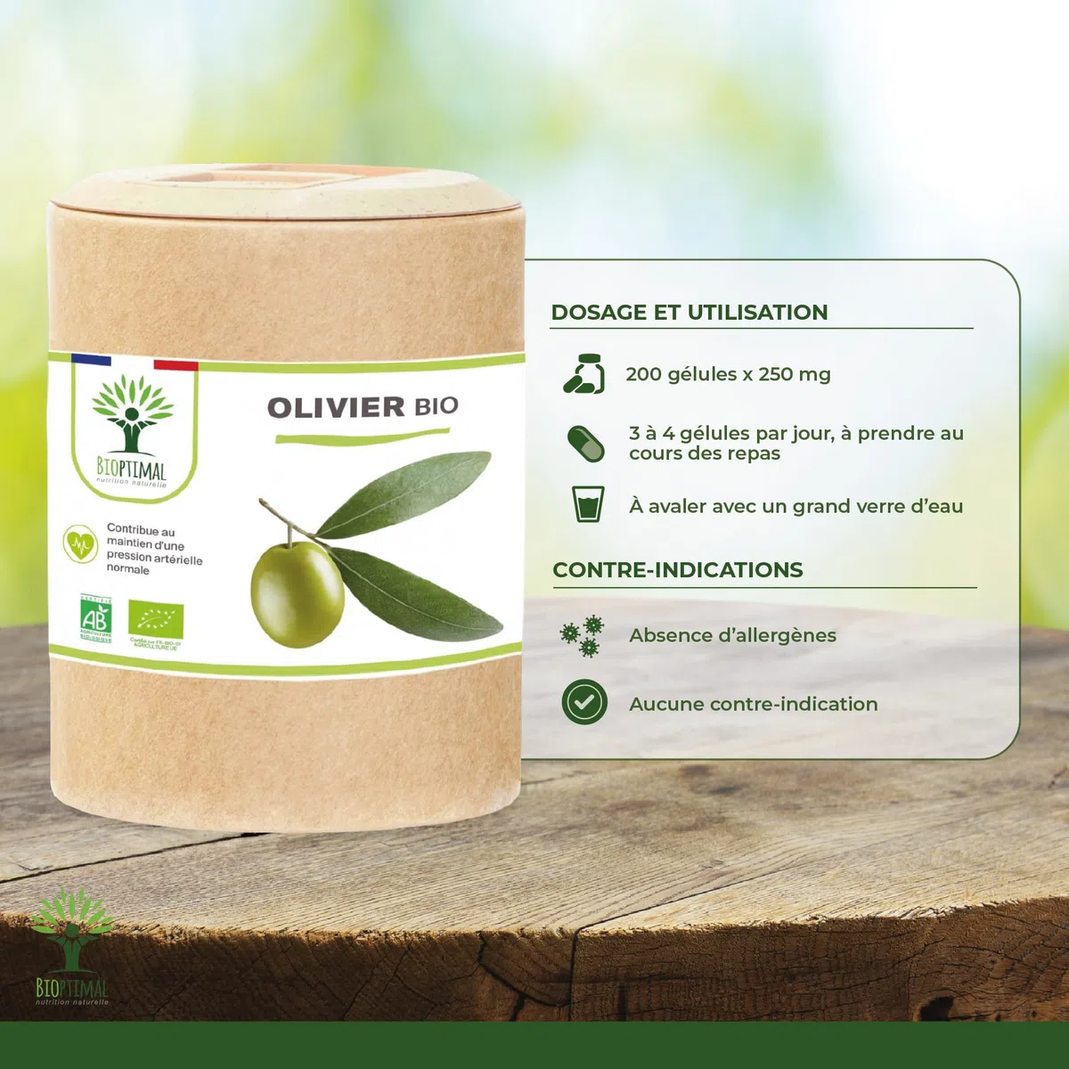 Olivier bio - Bioptimal - Complément alimentaire - Circulation Sanguine Tension Cardio - Feuille d'olivier en Poudre - 700mg par jour - Fabriqué en France - Certifié par Ecocert - 200 gélules
