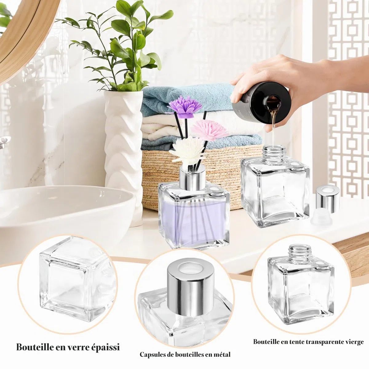 JSMTKJ Diffuseur Parfum Maison 4 Pcs Flacon Diffuseur en Verre Bouteille | Diffuseur Carré 50ml Diffuseur de Roseau pour Parfum Huile Essentielle Maison Chambre