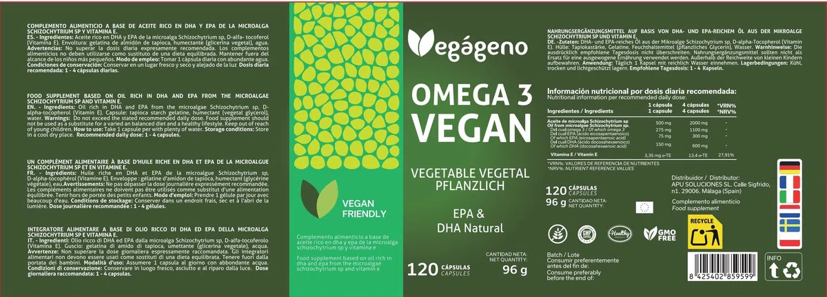 OMEGA 3 VEGAN - Huile d'algues 2000MG d'origine végétale. Haute concentration de 600 mg de DHA et 300 mg d'EPA par dose quotidienne. 100% naturel. Sans gluten. Non OGM. Compatible avec le VEGAN