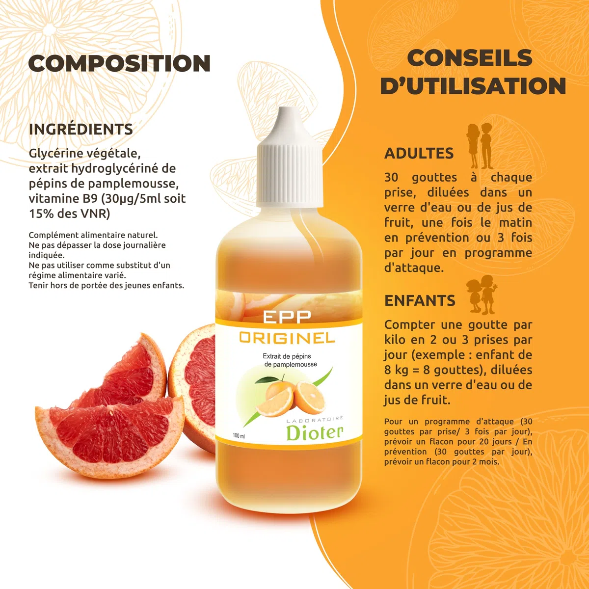 Extrait de Pépins de Pamplemousse Pur 100 ml | Complément Naturel Sans Alcool | Renforce les Défenses Immunitaires | Fabrication Française | Vitamine B9, Sans Conservateur – Laboratoire Dioter
