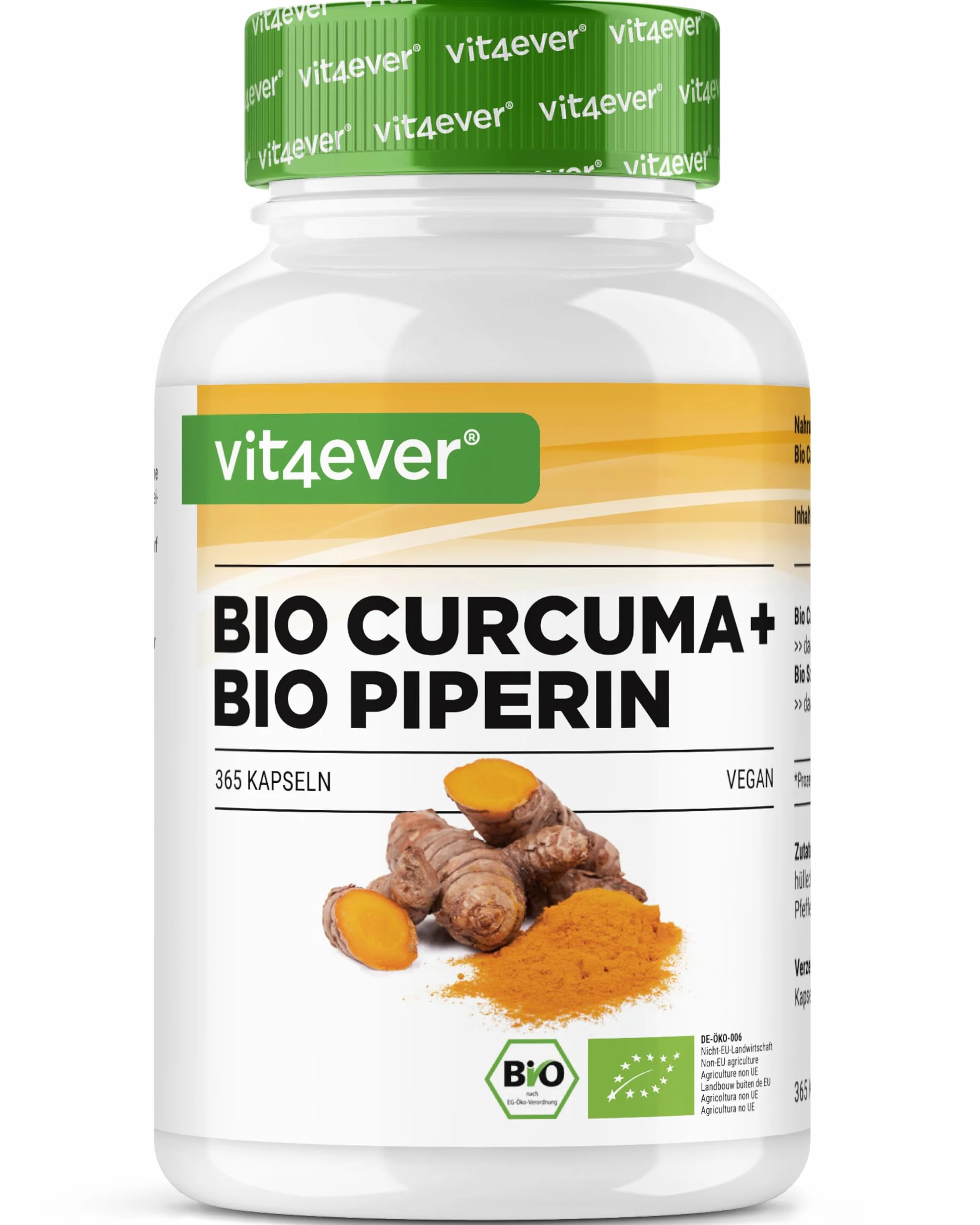 vit4ever Curcuma Bio au Poivre Noir - 365 capsules - 4511 mg de Curcuma Bio (Curcuma) par Dose Journalière - avec Curcumine & Pipérine - Qualité 100% Bio - Fortement Dosé - Végétalien
