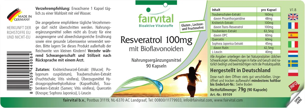 fairvital Resvératrol 100mg en gélules avec bioflavonoïdes, 90 gélules, VÉGÉTALIEN, avec rutine, OPC et quercétine