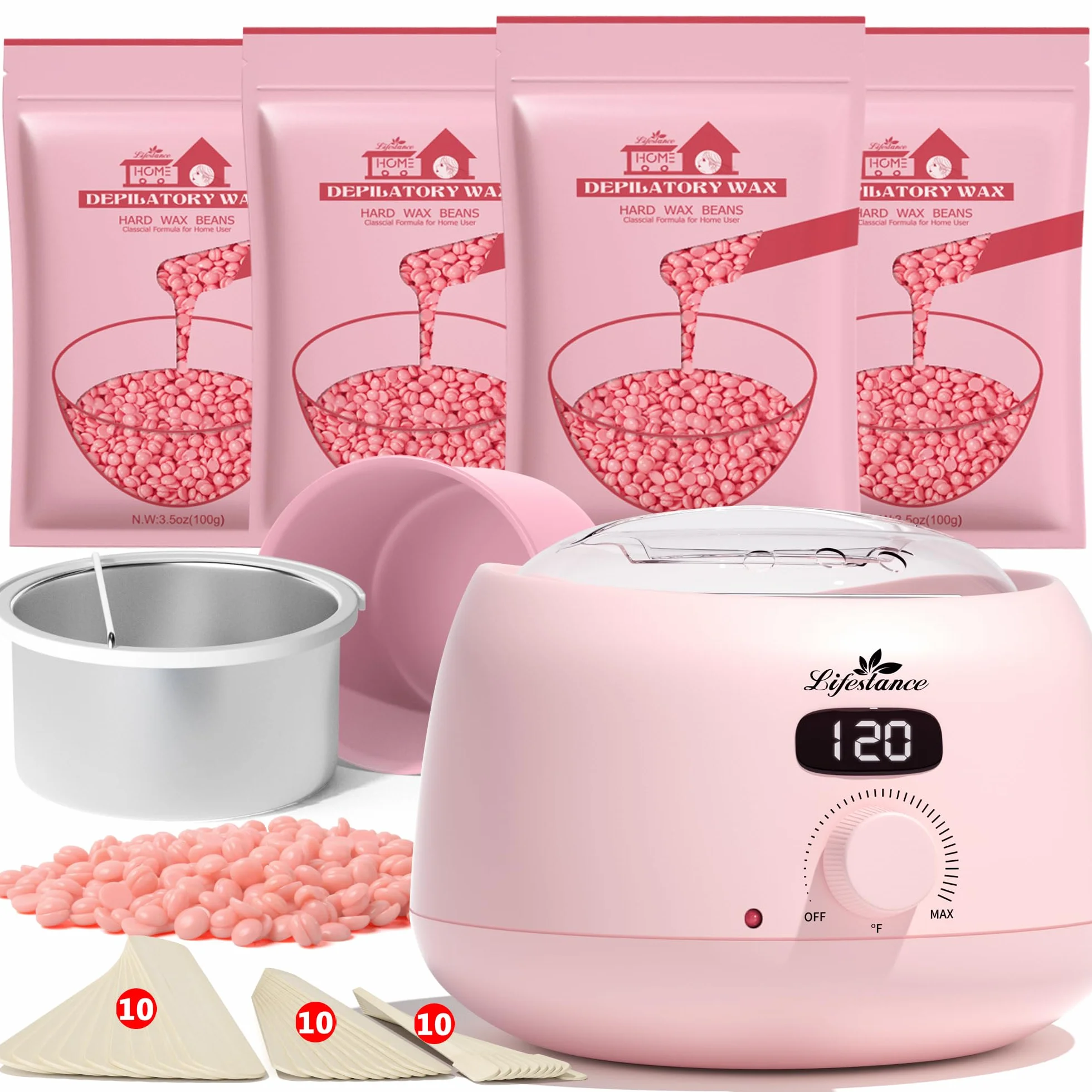 Lifestance Chauffe Cire Epilation Professionnelle pour Femme Avec 400g Perles de Cire, 30 Bâtonnets de Cire et Un Bol en Silicone pour Tout le Corps