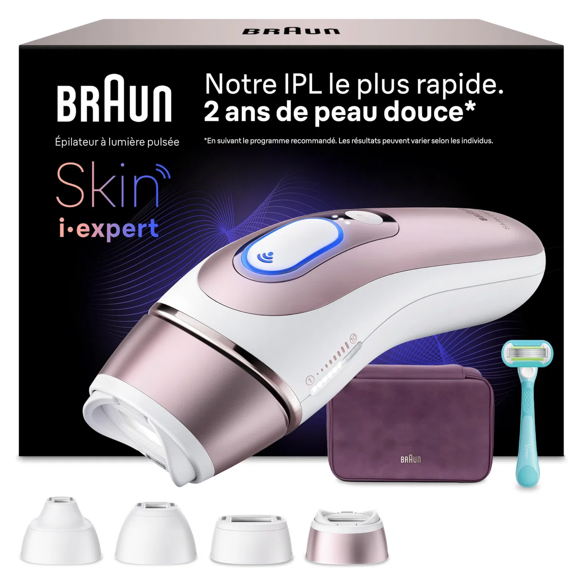 Braun Epilateur Lumiere Pulsee Intelligent Skin i·expert PL7431, Blanc et Bronze – Alternative au Laser à Domicile, Filaire, avec Pochette, Rasoir Gillette Venus, 4 Têtes, Connecté à L’Application