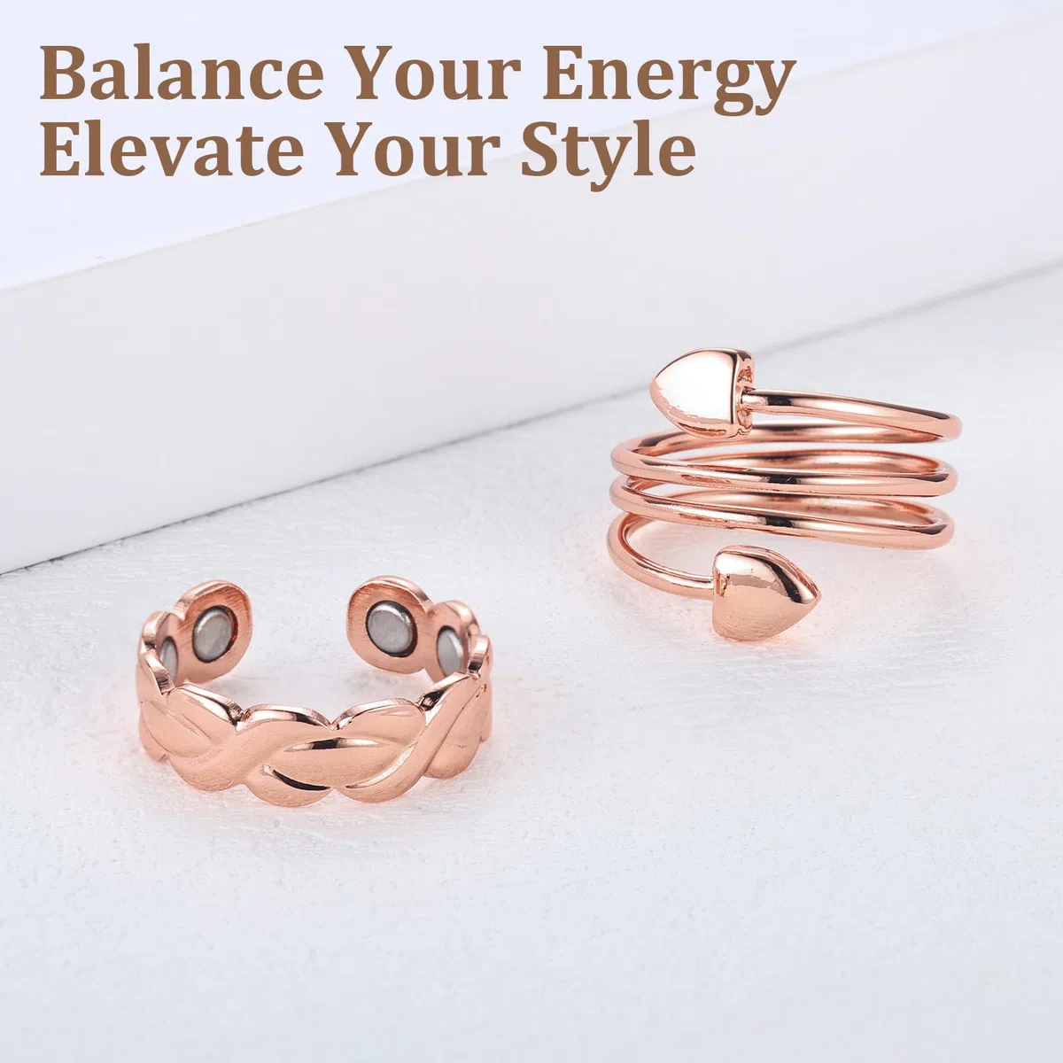 BioMag 2Pcs Lymphatic Drainage Copper Rings for Women in Different Design, Pure Copper Magnetic Ring with 10X Ultra Strength Magnet, Adjustable Jewelry in Gift Box