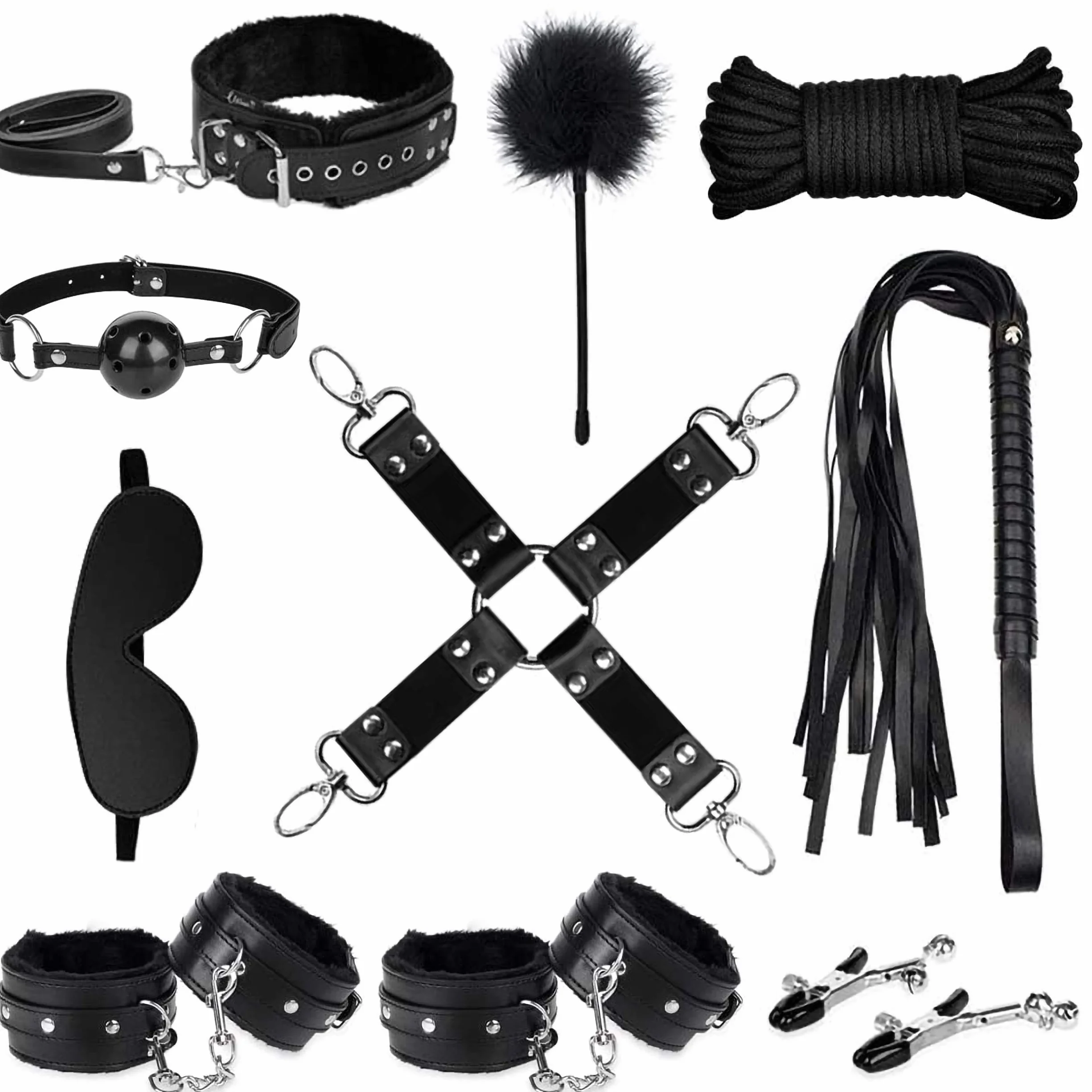 Bondage Set SM BDSM Ensemble de Servitude Composé Sex Toys pour Couple Débutant 11 Pièces Noir
