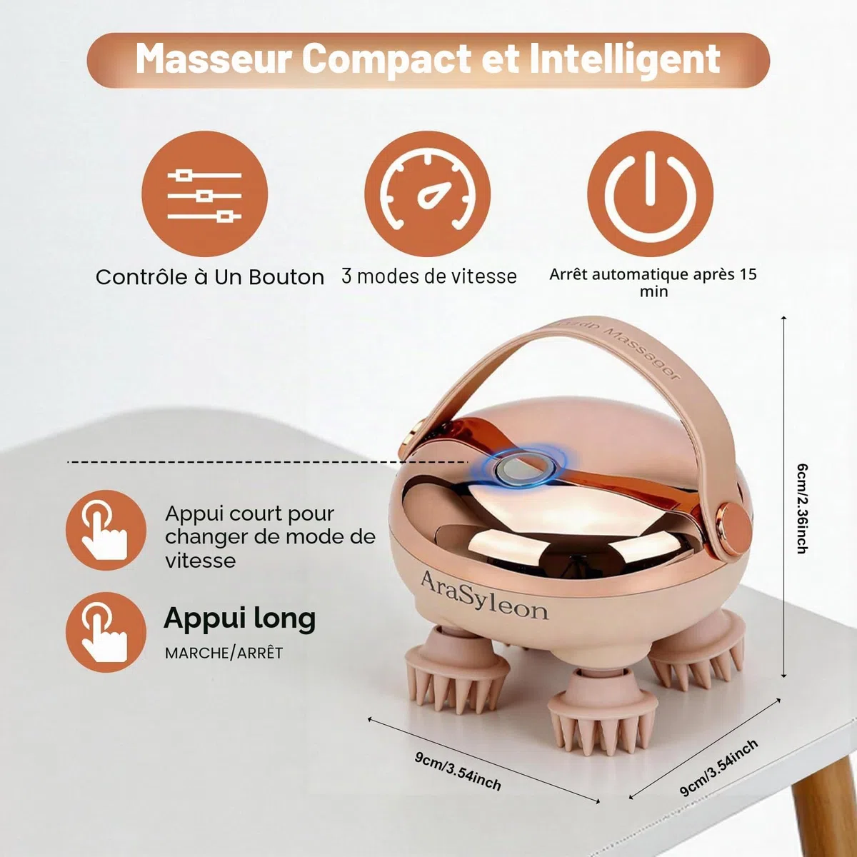 Masseur Électrique Intelligente Cuir Chevelu - Sans Fil, IPX7 Imperméable, 8 Têtes Silicone Interchangeables, Lumière Rouge, pour Soin du Cuir Chevelu et Relaxation Corporelle