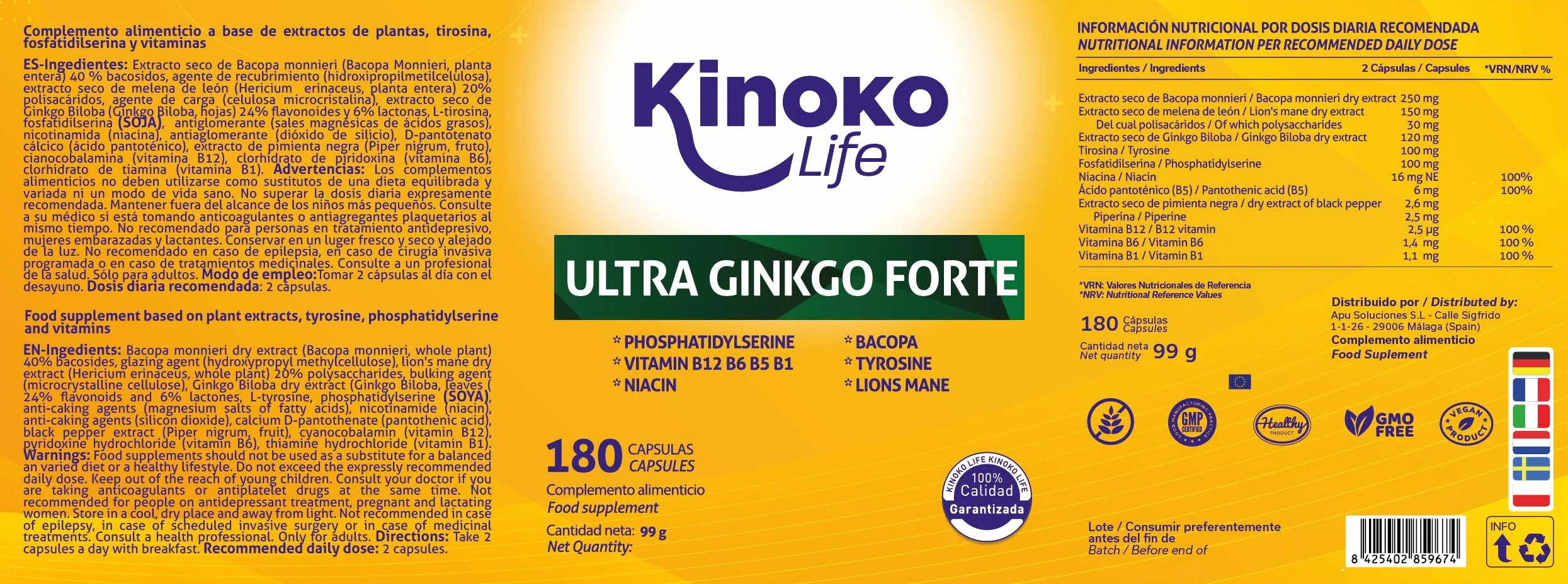 Ginkgo Forte Ultra - 180 Gélules avec Bacopa, Phosphatidylsérine, Crinière de Lion, Tyrosine, Niacine et Vitamines B, Nootropique Naturel