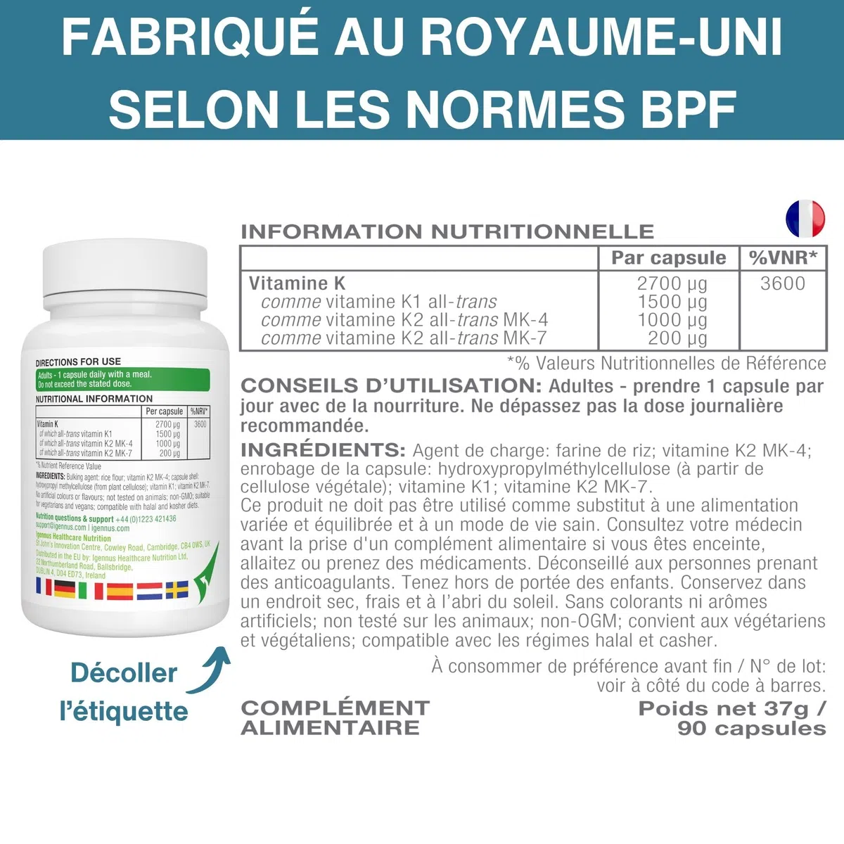 Igennus Triple Vitamine K Complex Avancé 2700 mcg, K2 (MK-4 & MK-7) & K1, Formes Naturelles Bioactives, Haute Puissance, Santé Osseuse et Cardiovasculaire, Formule Pure, Végan, 90 Gélules, 1 par jour